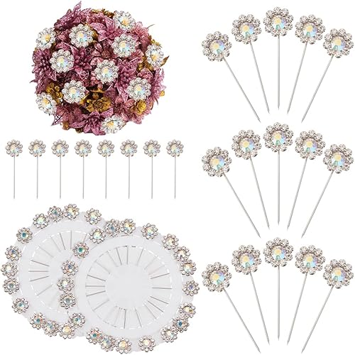 PH PandaHall 40 alfileres de ramo de flores de diamantes de imitación de 1.693 in, ramilletes, alfileres de cabeza floral, alfileres largos con