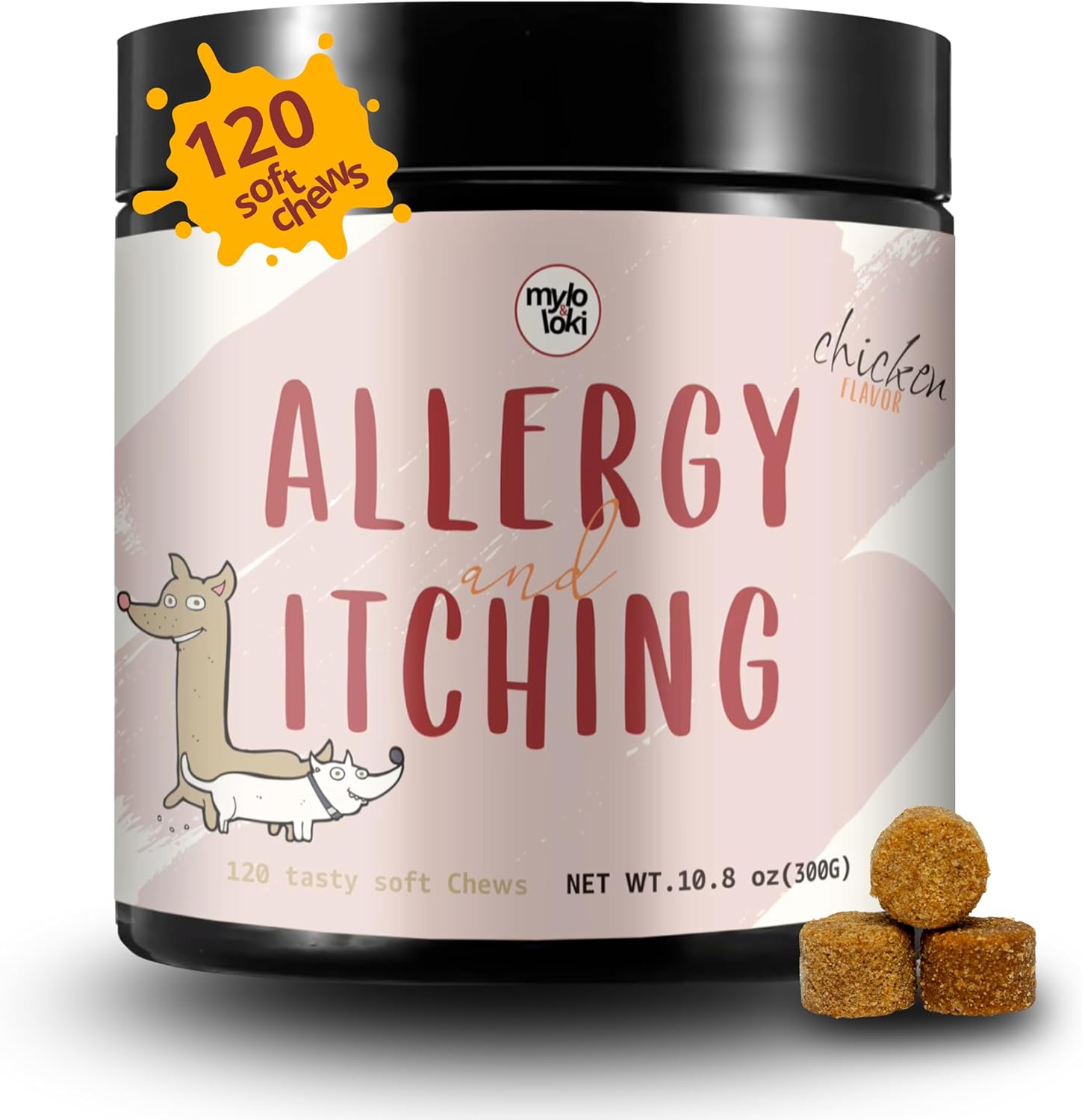 Mylo&Loki- Allergy & Itching Relief Chews for Dogs – Chicken Flavor, 120 Soft Chews – Supports Seasonal Allergy Relief, Itchy Skin, Coat Health, Digestive & Immune Support.