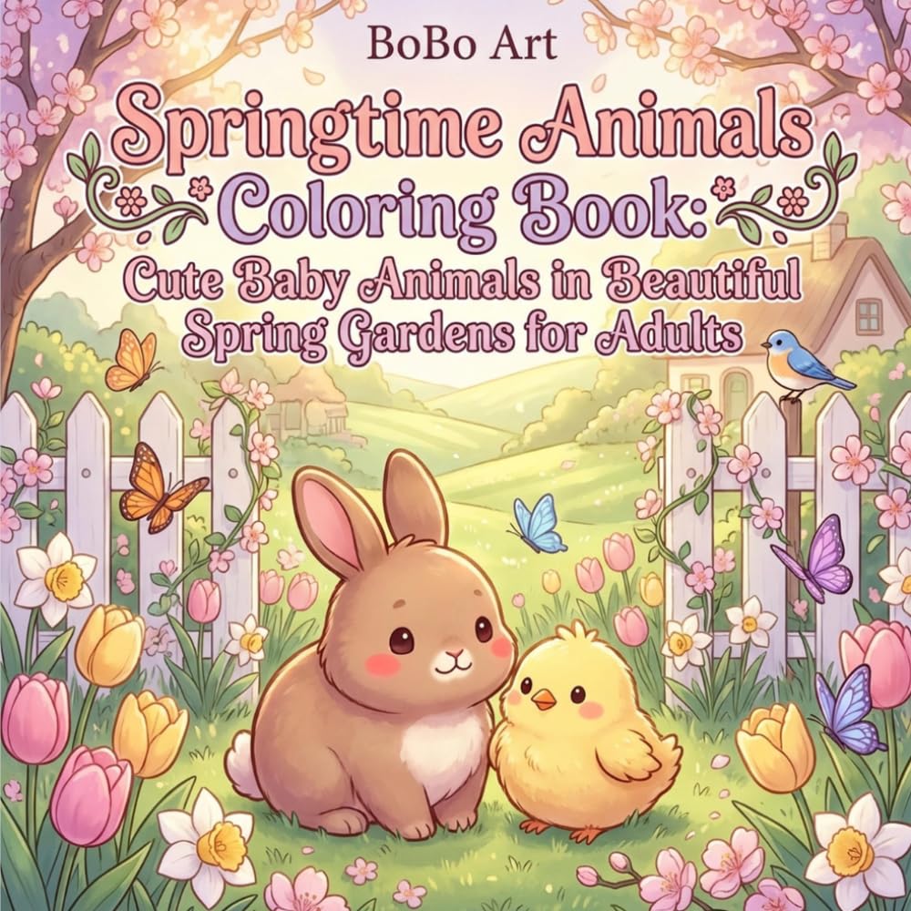 Springtime Animals Coloring Book: Cute Baby Animals in Beautiful Spring Gardens for Adults: 30 Adorable Kawaii Spring Scenes with Bunnies, Chicks, Kittens, Deer, and Butterflies for Relaxation