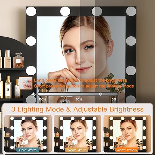 Miniatura 5 de Quimoo Tocador de maquillaje con 10 bombillas y estación de carga, escritorio con espejo iluminado y 4 cajones, juego de mesa de tocador con