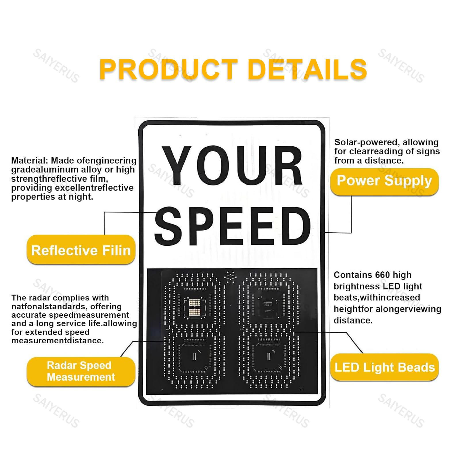 Señal de velocidad de radar solar, pantalla LED de advertencia de tráfico con control remoto, detector de velocidad de 1 a 199 mph para seguridad vial, señal de retroalimentación de límite de