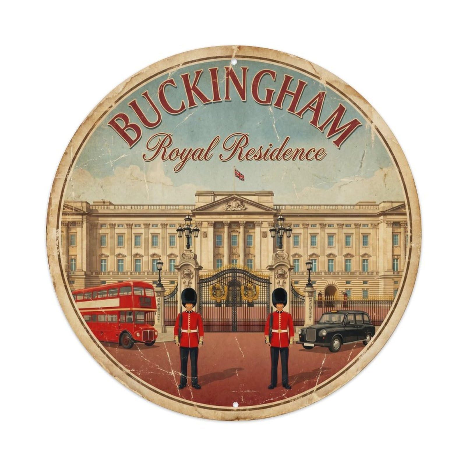 Vintage Travel Buckingham Palace London 1 Metal Tin Sign Plaque Wall Decor for Cafe, Club, Garden Round Metal Poster 8x8Inch