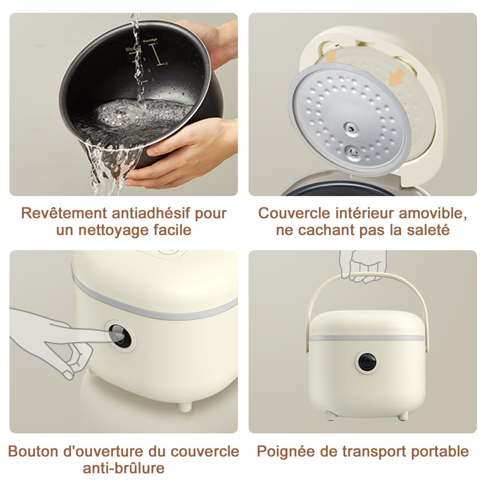 Bear Cuiseur à riz 3,5 tasses (non cuit) avec cuiseur vapeur, Multifonctionnel 350W Electric Mini Rice Cooker，6 fonctions de cuisson du riz pour 2-4 personnes