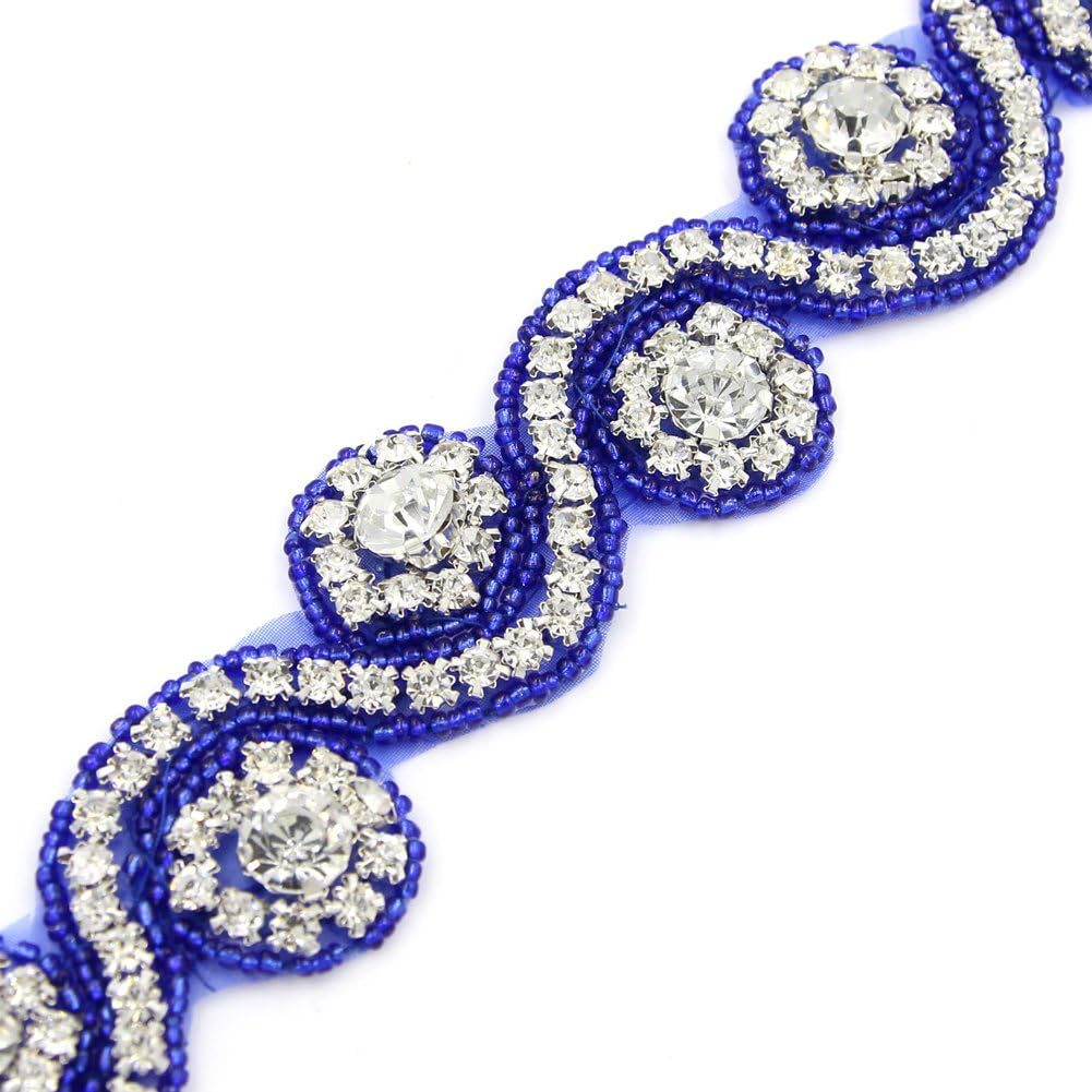 Crystal Rhinestone Trim Gleaming Ribbon Applique Bridal Beaded Applique,1 Yard Royal Blue