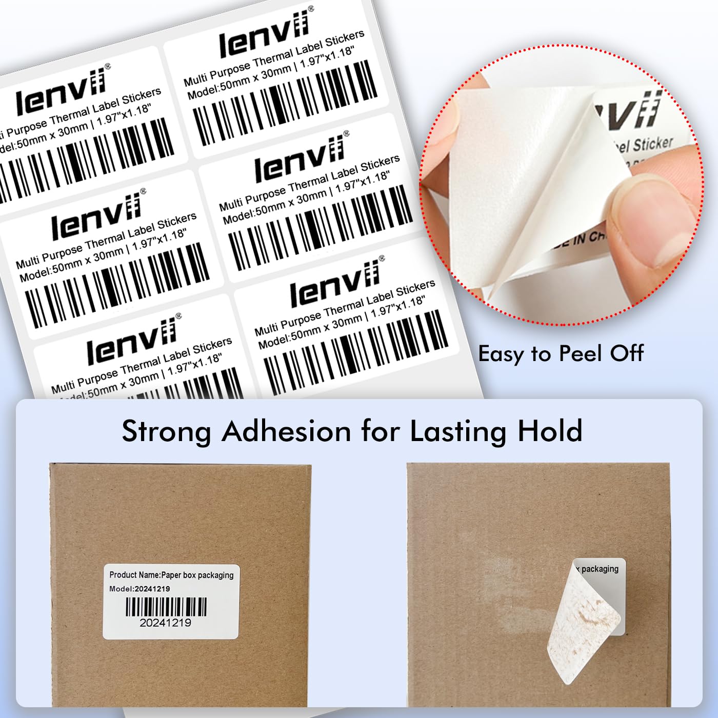 LENVII 50mm x 30mm Autoadesiva Etichetta Termica Sintetica,1.97 x 1.18 pollici Etichetta termica,Resistente allo strappo,Impermeabile,Resistente alle alte temperature (1 rotolo 250 pezzi / 8 rotoli)