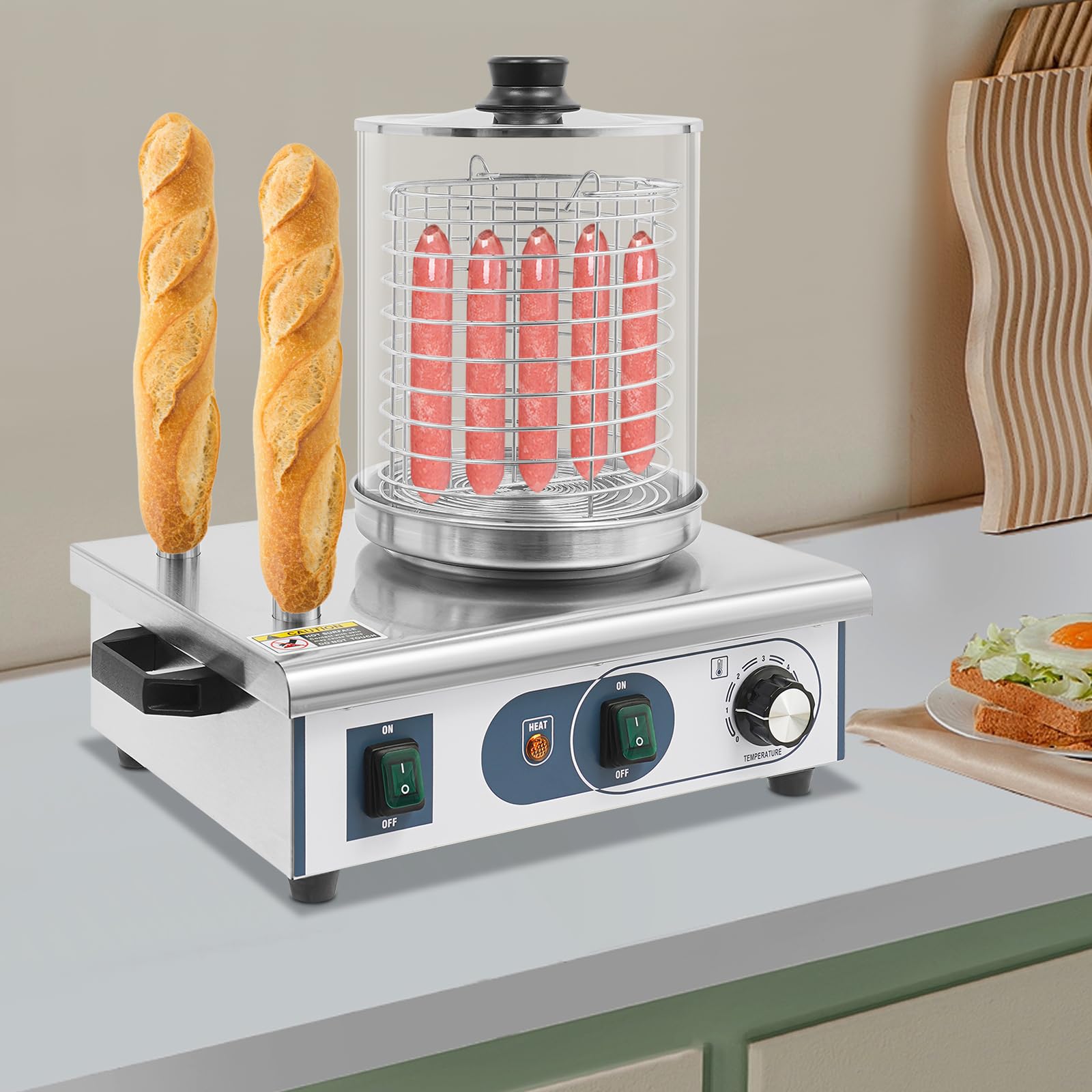 Hot Dog Maker 550 W in acciaio inox Hot Dog Termostato regolabile con 2 bastoncini per il riscaldamento del pane, per colazione, ristoranti, famiglie