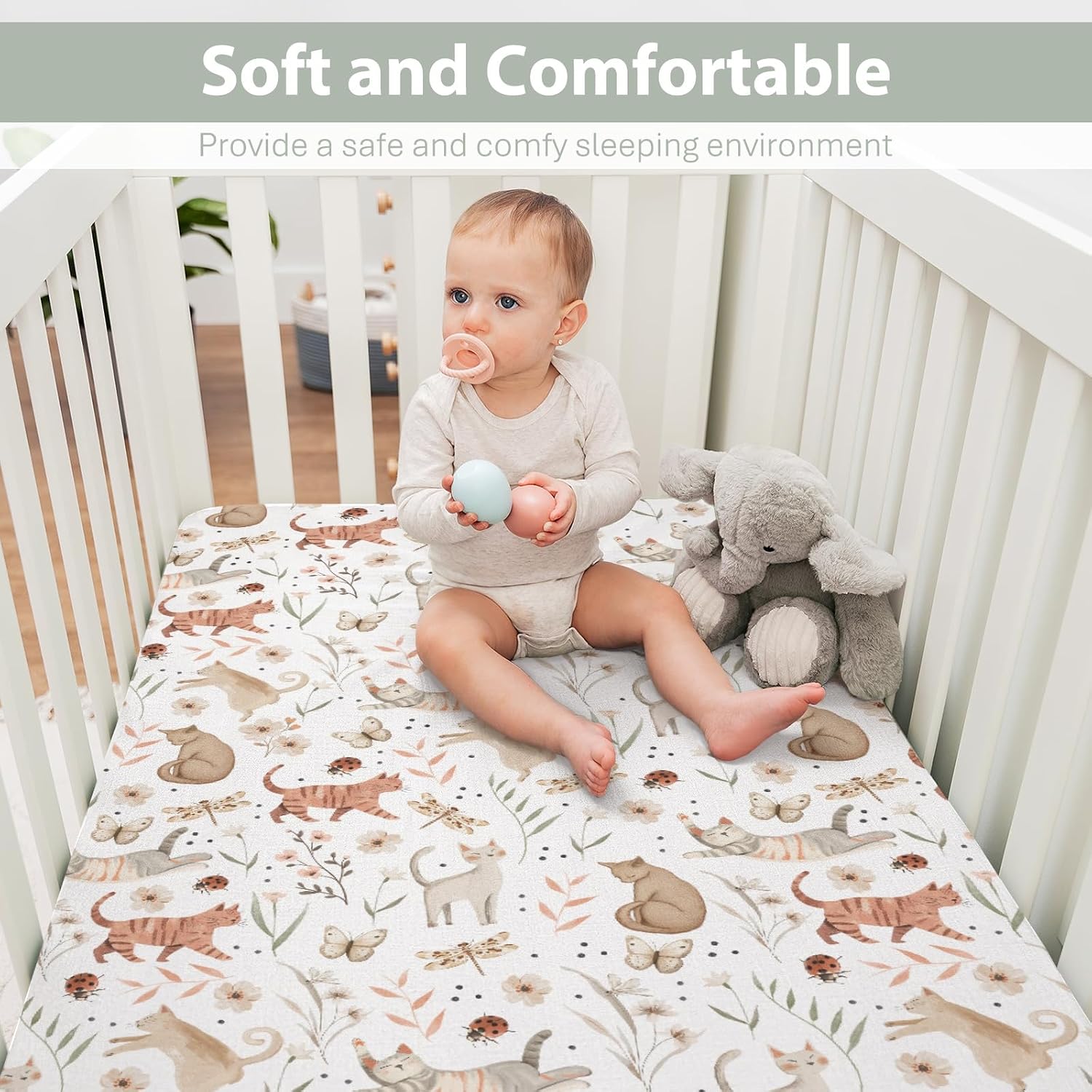 Cute Cat Boho Floral Leaves Baby Crib Sheets for Boy Girl 28"x52" Fun Kittens Meadow Butterflies Soft Snug Fitted Crib Mattress Cover Cats Lover Gift Baby Sheet for Standard Crib and Toddler Mattress