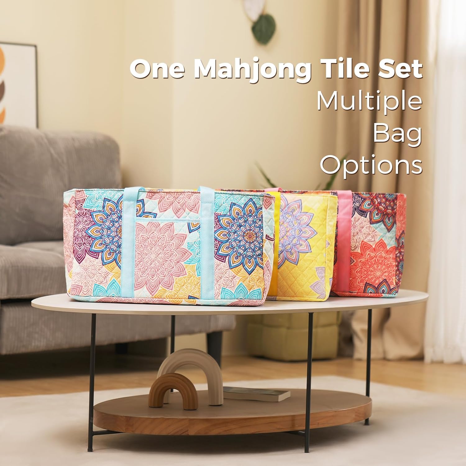 American Mahjong Tile Set with Printed Carrying Bag, 166 Premium Yellow Tiles, 4 All-in-One Racks/Pushers and Accessories, Mahjong Set, Complete Mahjong Game Set for Travel,Gifts（Yellow）