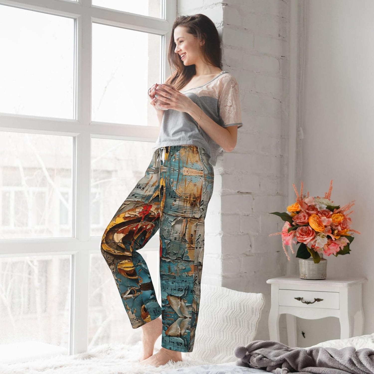 Music Notes Print Cozy Flannel Pajama Pants For Women,Warm Christmas Pj Pants,Cute Fleece Pajamas