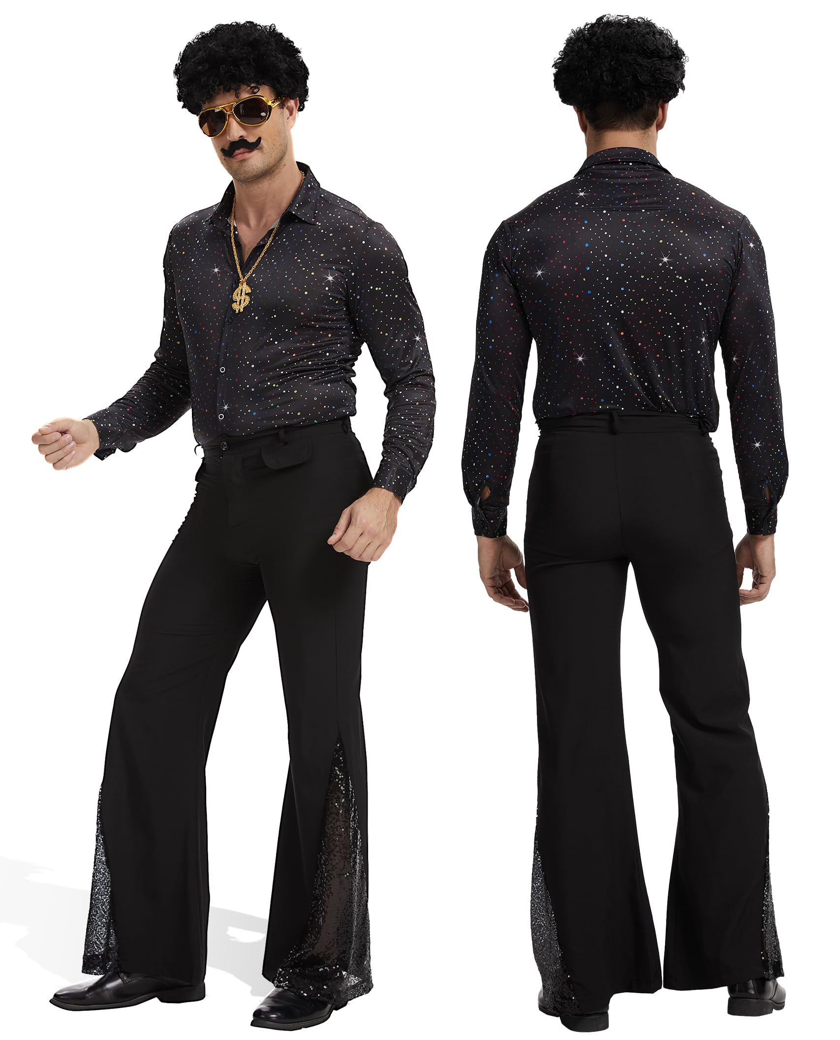 Disfraz de discoteca de los años 70, camisa de lentejuelas y pantalones acampanados, con peluca afro, gafas de sol, cadena dorada y bigote