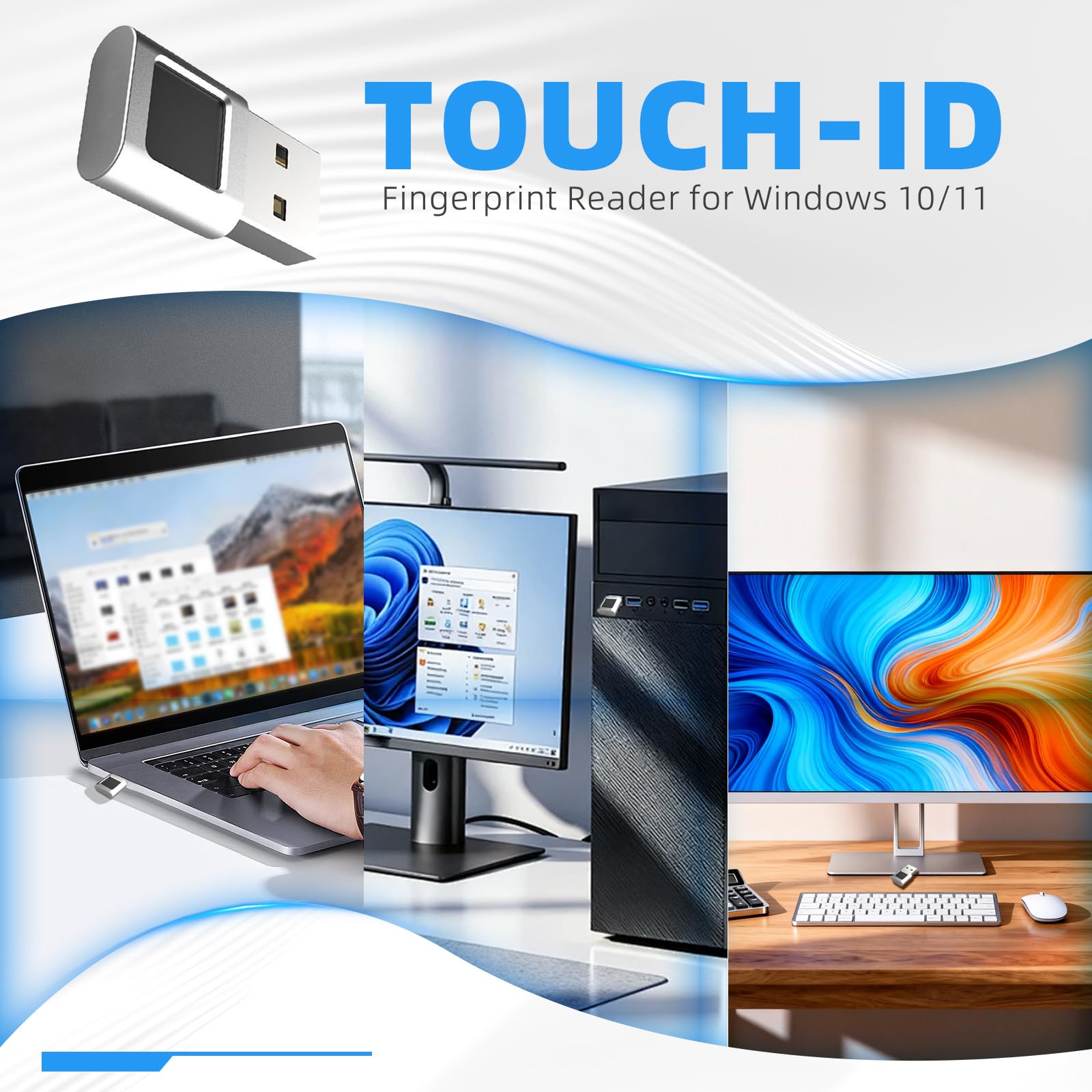 Lettore di impronte digitali USB, scanner biometrico in lega di zinco color argento, con touch a 360 gradi per PC e laptop per Windows 10 11 Hello, Plug and Play per accedere rapidamente