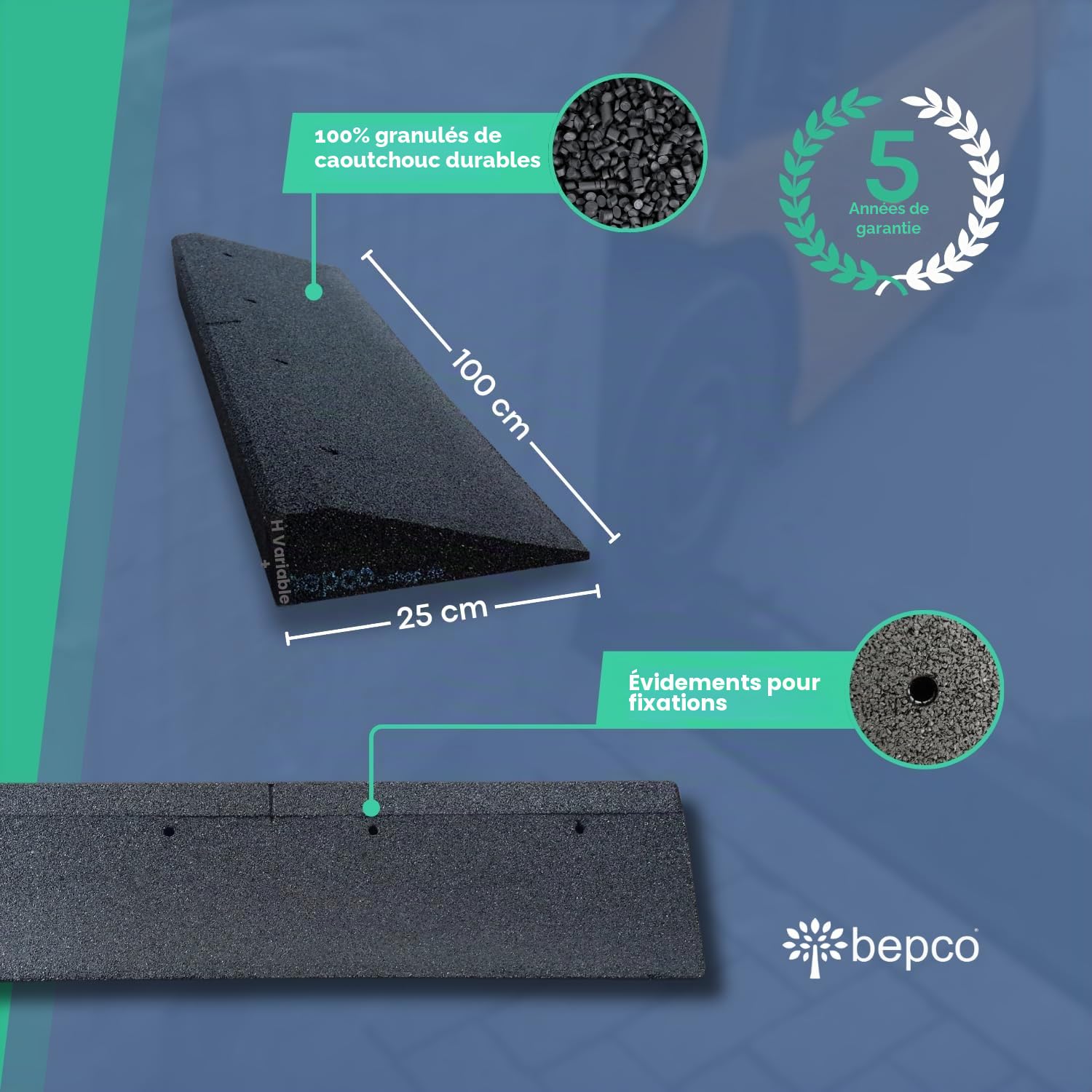 bepco Rampe de Trottoir, L x l x H : 100 x 25 x 5 cm, en Caoutchouc (Noire), avec rondelles intégrées à la Rampe pour la Fixation