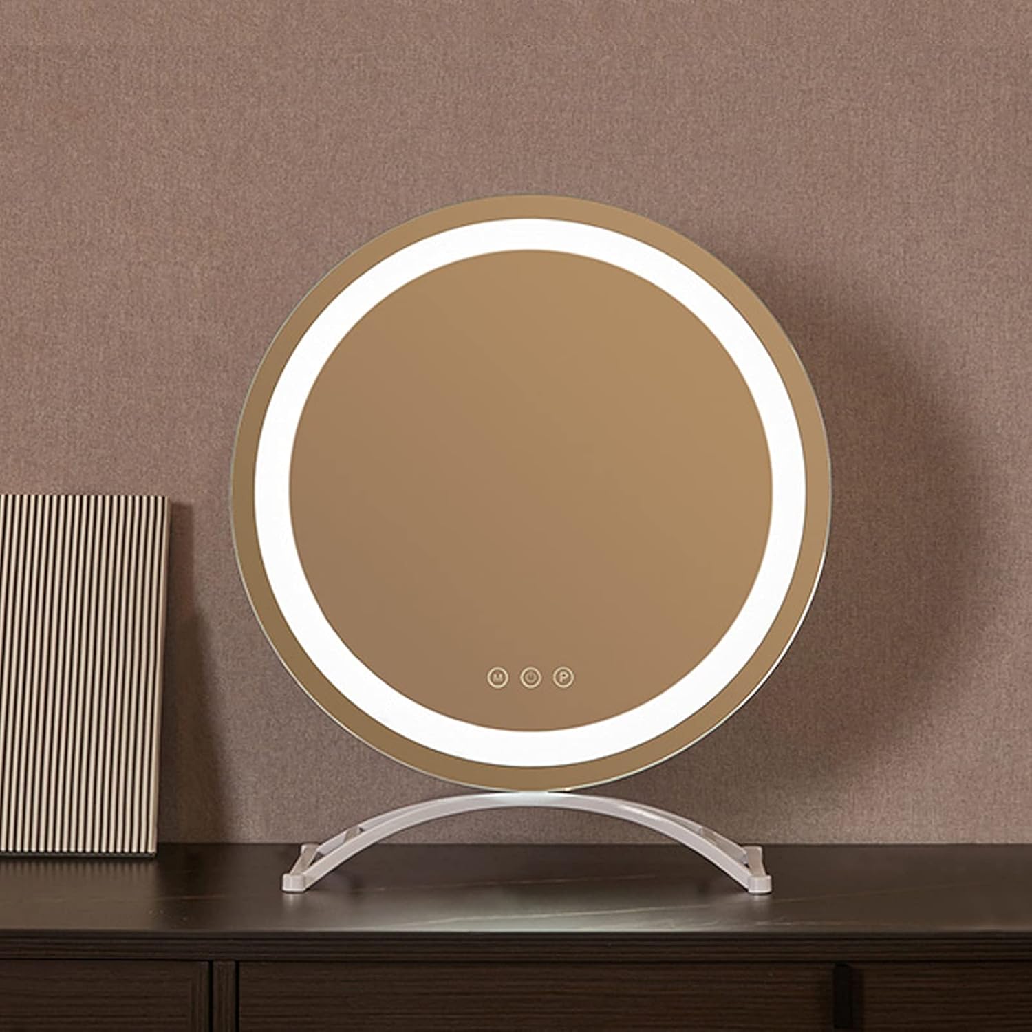 Standing Tabletop Mirror, LED Lighted Round Mirror, Dimmable Touch Switch Makeup Mirror, with 3 Color Lights, Metal Frame, for Vanity Table, Room Decor, Beauty Gifts