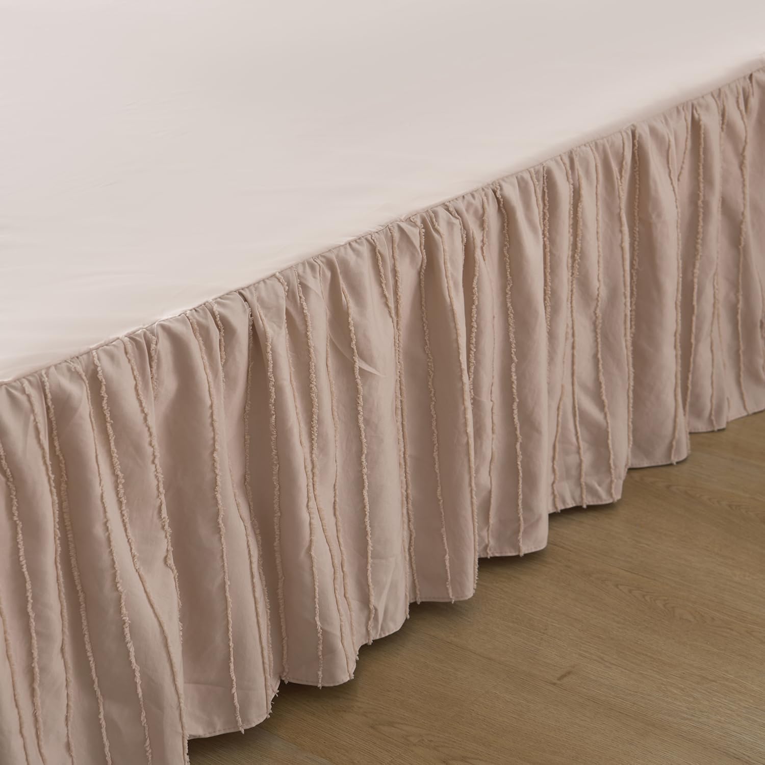 Condition photo showing As Is for striped tufted bed skirt king size, ruffled bed skirt with split corners, king bed skirts 12 inch drop with platform, boho, dust ruffle, beige, 12" king pink-tinged cream 12''king