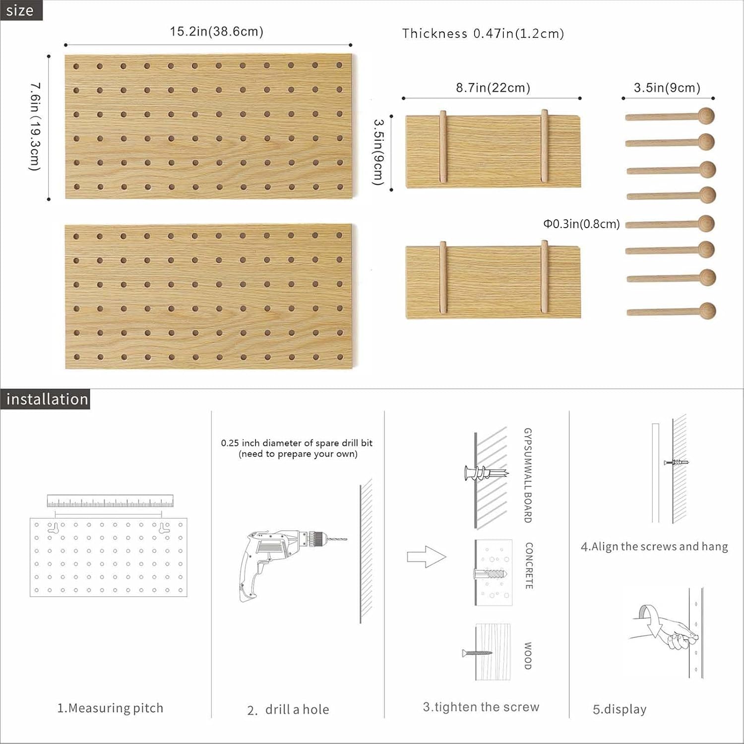 Wooden Pegboard Modular Display Organization Storage Wall Hooks Shelf(Color:Oak)