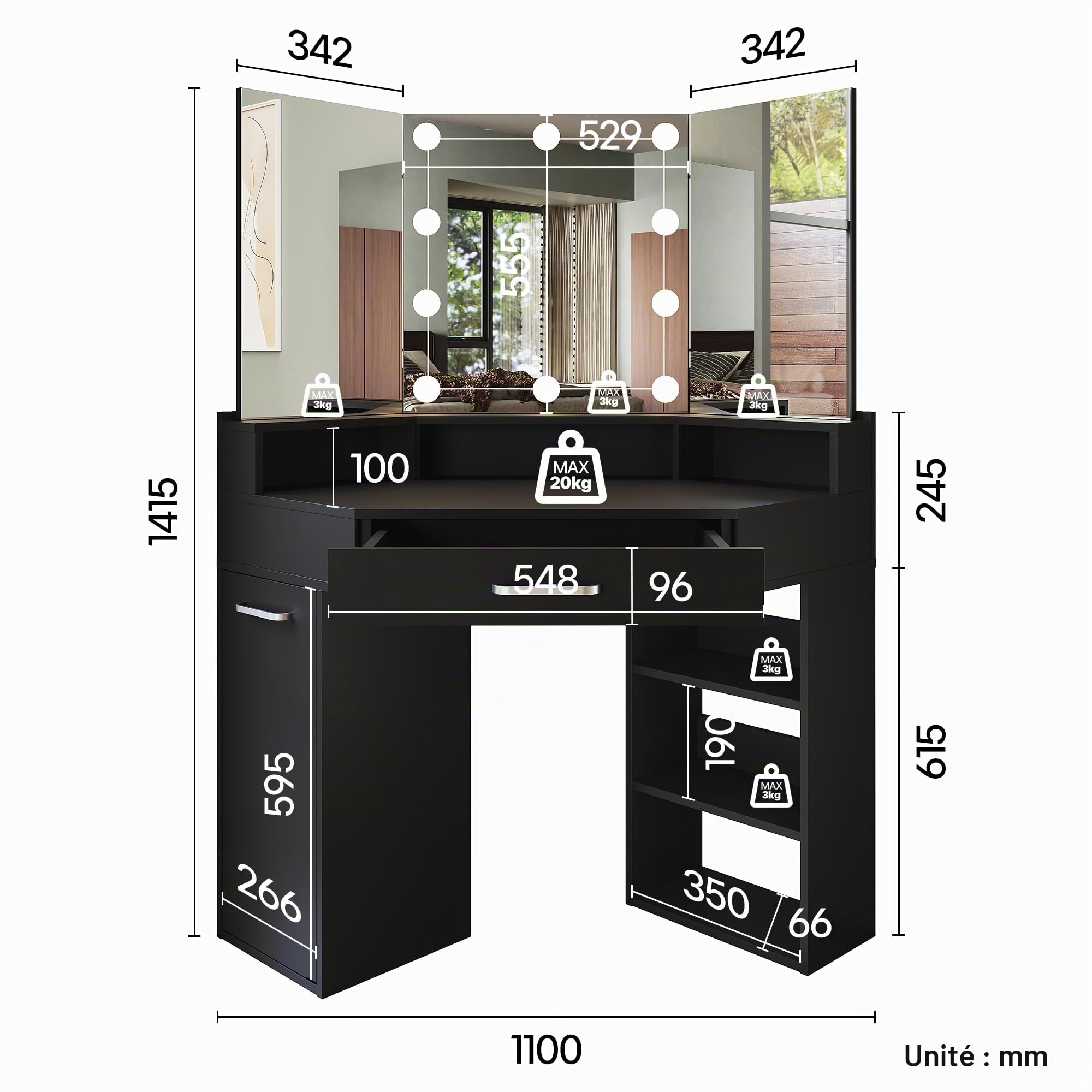 SIRHONA Coiffeuse d'angle avec lumière LED Réglable, Coiffeuse avec 2 étagère 3 Tiroirs, Table de Maquillage Noir pour Chambre à Coucher 111 x 54 x 141.5 cm