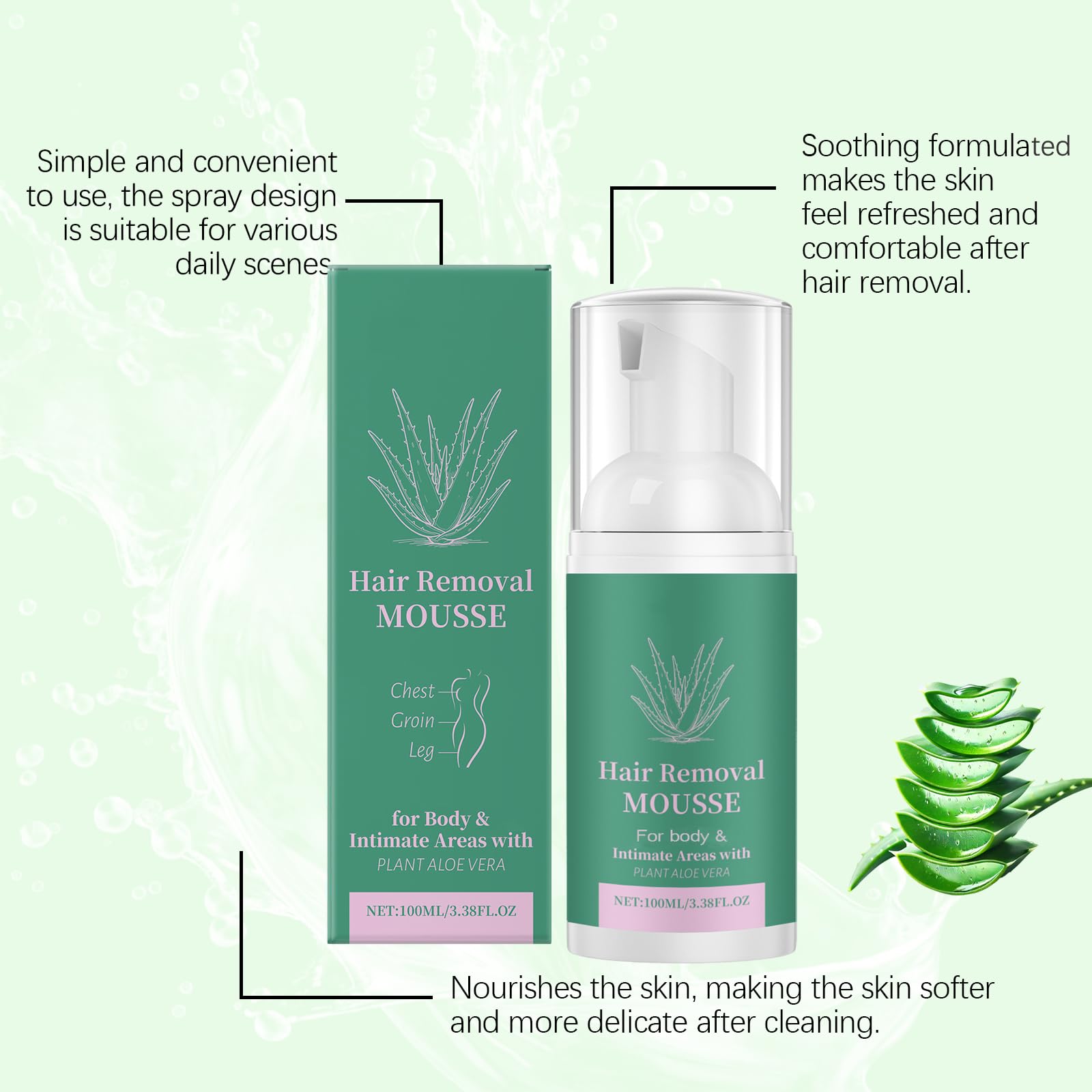 Schiuma depilatoria con aloe e menta, crema depilatoria delicata per donne e uomini, epilatore indolore ad azione rapida per il corpo, gambe, braccia, ascelle, zone intime (5 pezzi)
