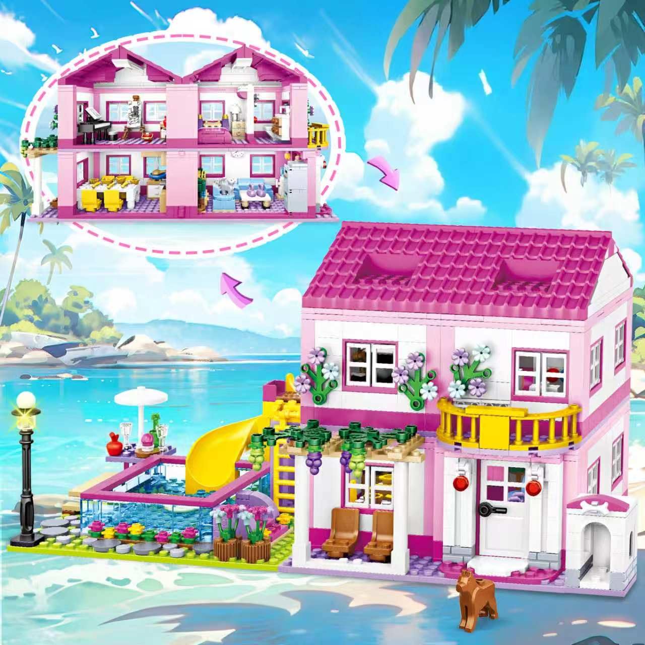 Toy Player Pink Sommer Villa Klemmbausteinen Haus Konstruktionsspielzeug für 14+ Erwachsene Liebhaber von Bausteinen 1018PCS
