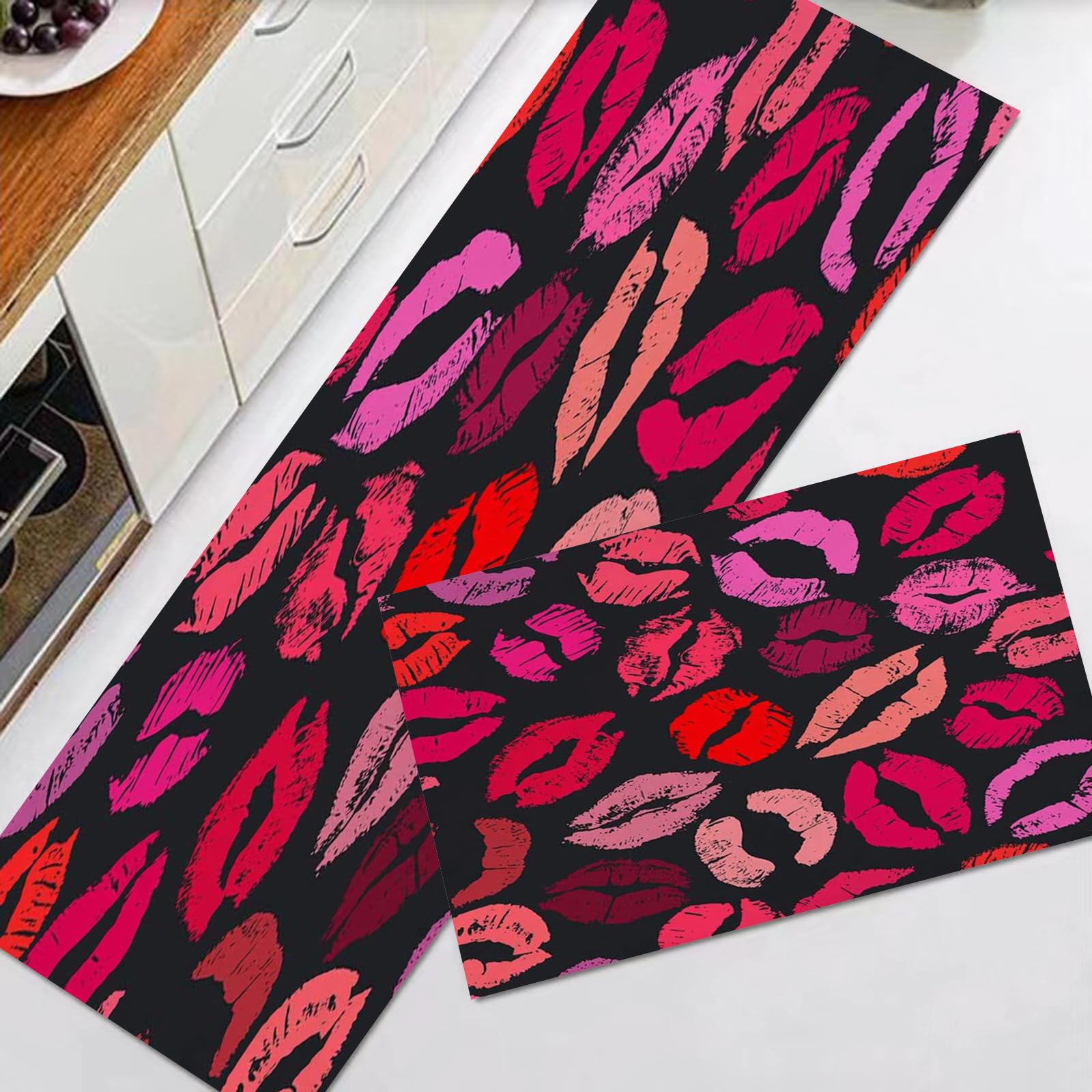 EKSED Kitchen Mats Non slip Washable Kitchen Rugs Doormat Carpet Floor Mat,Lipstick Kisses,2 Piece Kitchen Mats for Home Decoration (40x60+40x120cm)