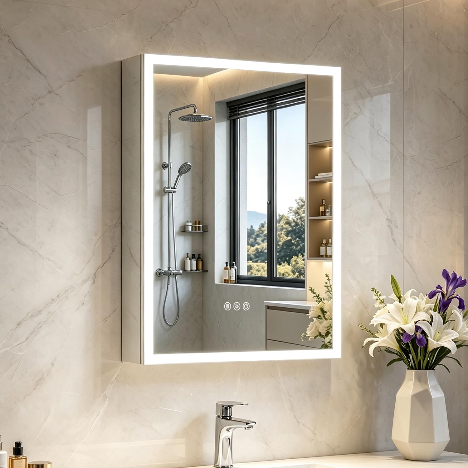 Bathroom LED Mirror Medicine Cabinet with Lights, Wall Mount Or Recessed, Aluminum, 3-Color Light, Anti-Fog, Bathroom Vanity Storage with Adjustable Shelves,24×32 inch