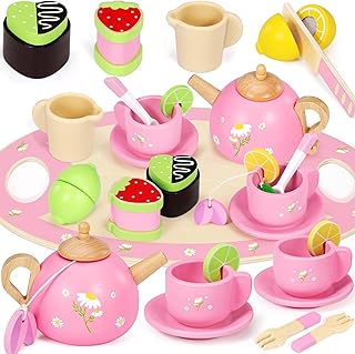 Seagoal Children's Wooden Tea Set Play Kitchen Role Play Accessories Tea Party Kitchen Accessories Children's Wooden Toy Children's Tableware Play Kitchen Gifts for Girls Boys