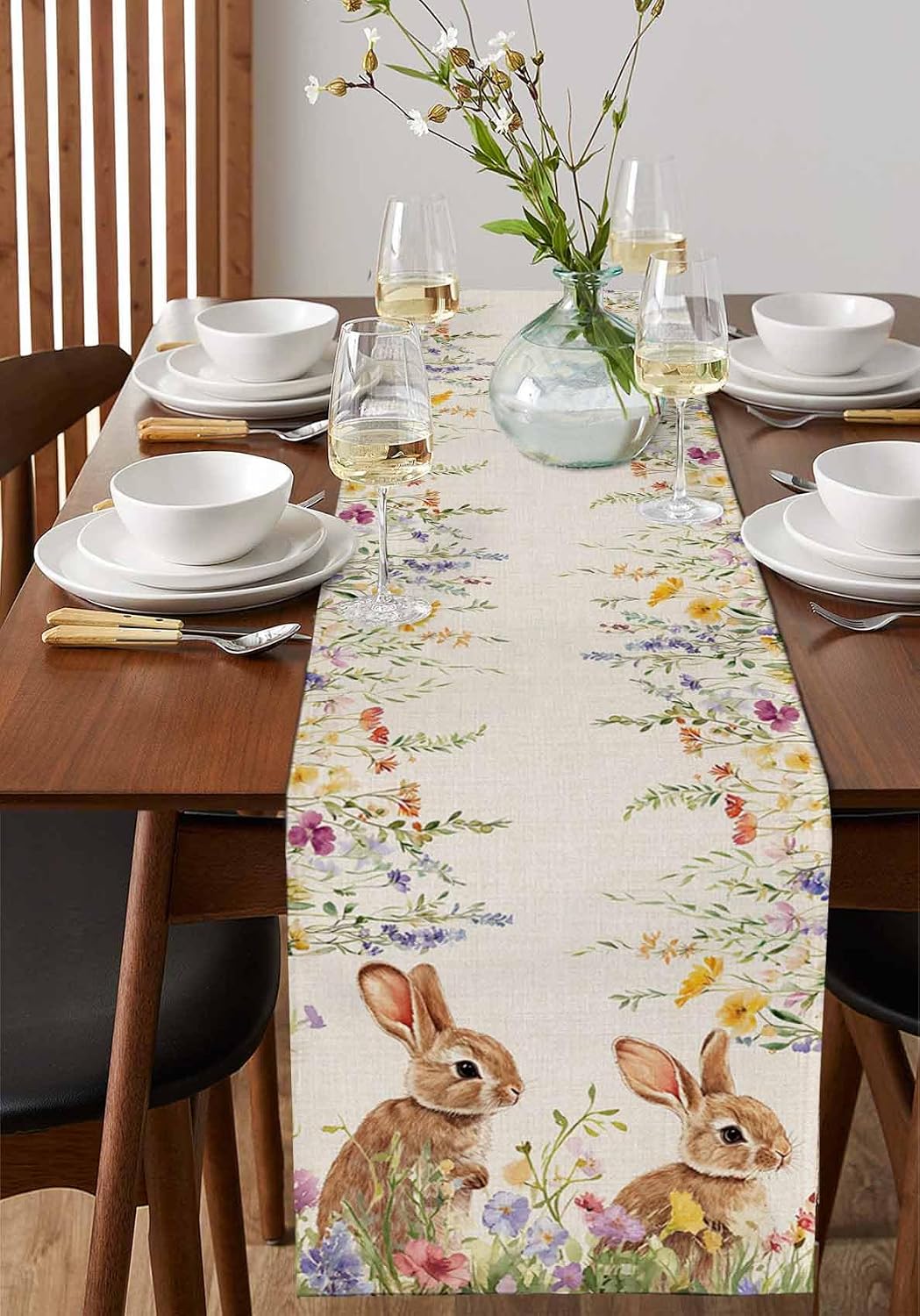 Easter Table Runner Dresser Scarf 13 x 60 Inch Cute Bunny Rabbits Wildflowers Floral Leaves Table Runners Non-Slip Heat Resistant Kitchen Dining Table Decor for Seasonal Spring Holidays Indoor Outdoor