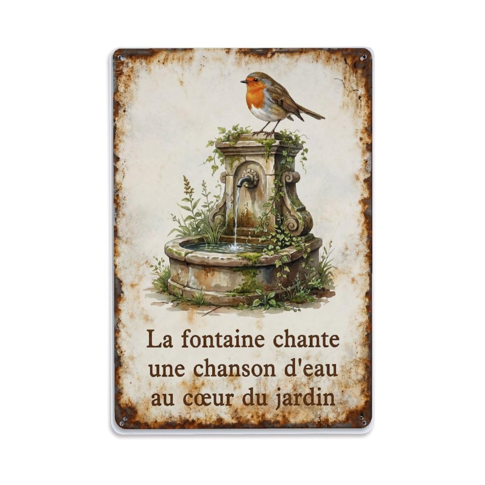 Fqnyr Style Robin Bird Garden Quote Fountain Flow Metal Tin Sign Plaque Wall Decor For Cafe, Club Bar, Office, Home Garden Metal Poster 8X12inch