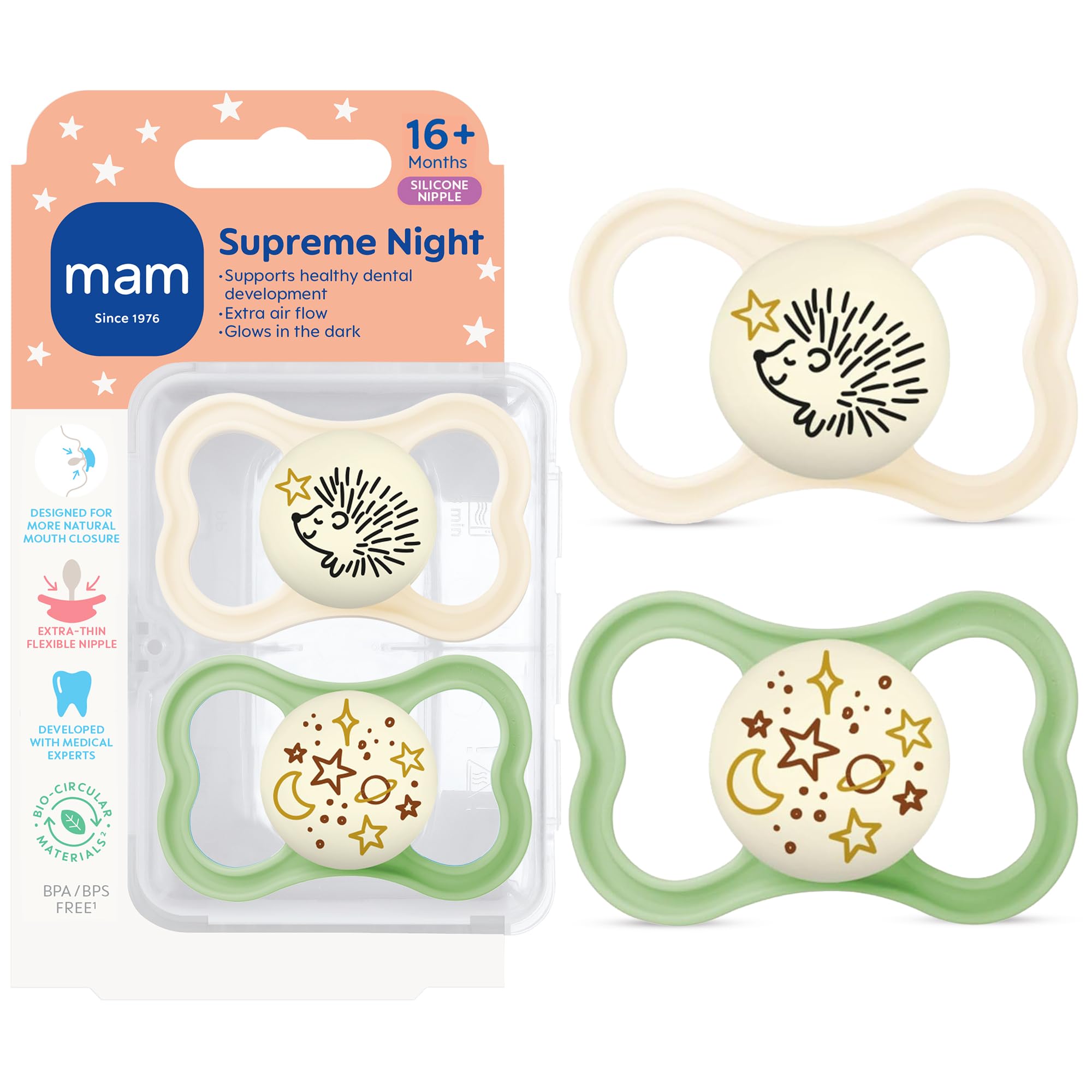 MAM Supreme Night Best Pacifier for Breastfed Babies 16+ Months, Glow in The Dark, Unisex, Gree, 1 Case, 2 Count-image-16