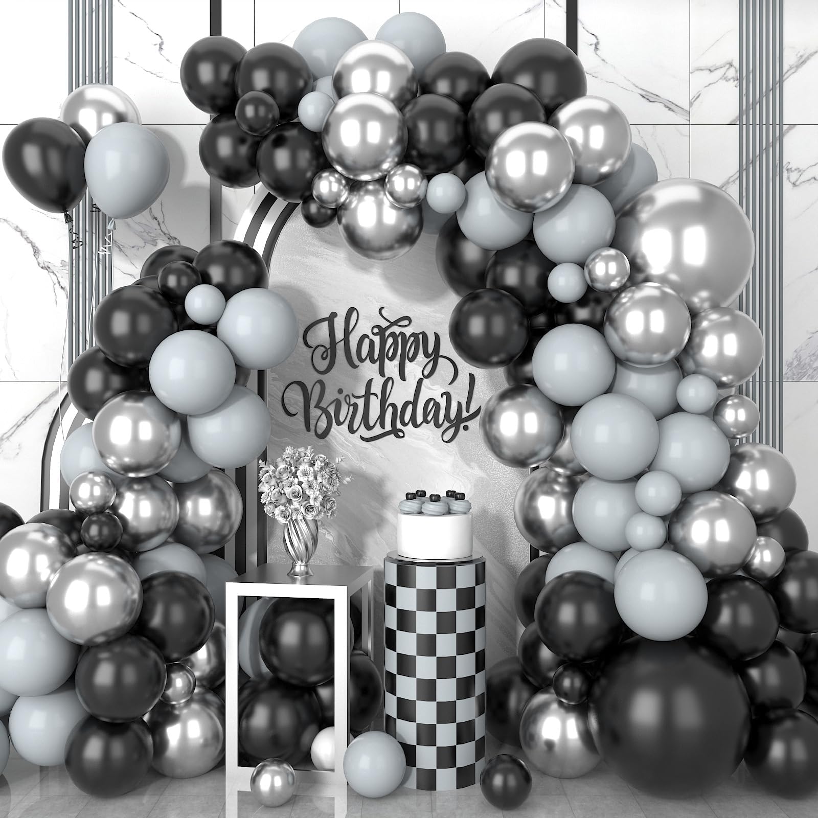 Black and Silver Balloon Arch Kit, 102Pcs Metallic Silver and Black Balloon Garland Kit Gray Party Balloons Grey Latex Balloons for Birthday Party