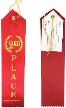 2nd Place Winner Award Ribbons 12 Pack Navy Blue, Red and White with Gold Writings! Includes Event Card & String 2nd Place - RED