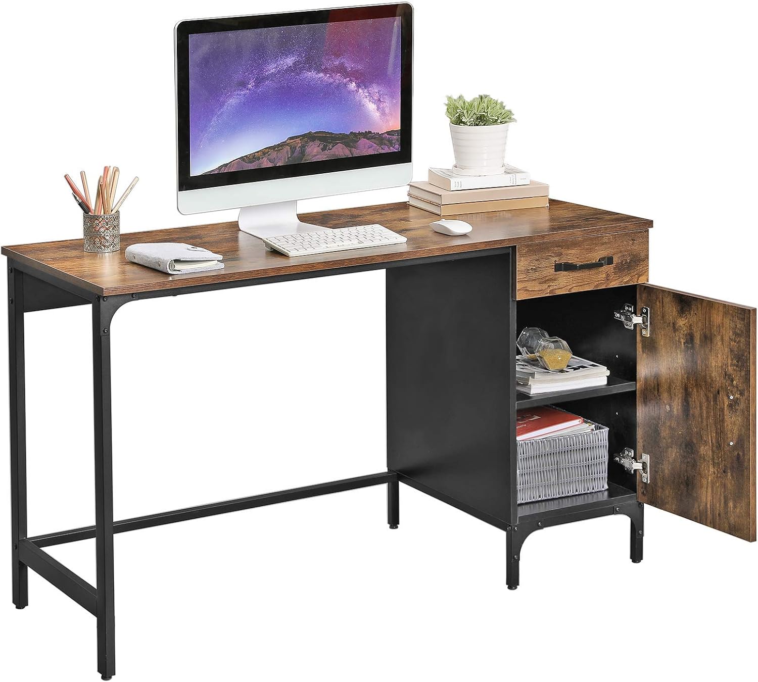 VASAGLE Computer Desk, Writing Study Table with Drawer and Cabinet for Home Office, 51 Inches Industrial Style PC Laptop, Simple Assembly, Black Metal Frame, Rustic Brown ULWD51X