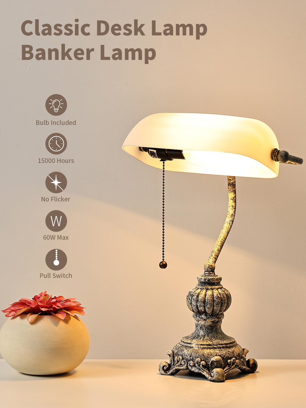 Retro White Mattglas Banker Schreibtischlampe für Home Office, Bibliothek mit Pull -Kettenschalter -Stecker, LED -Glühbirne enthalten