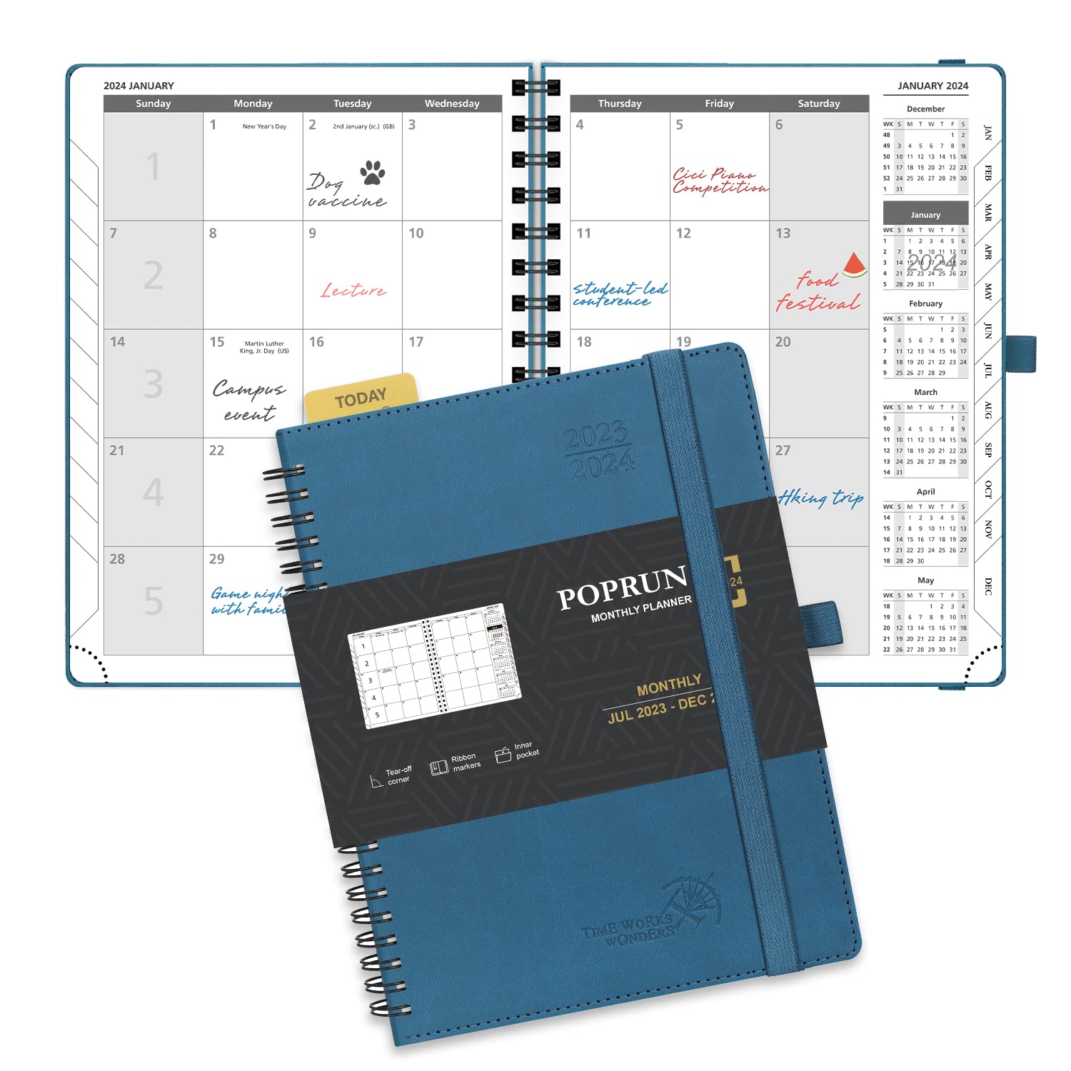 POPRUN Monthly Planner 2024-2025 with Tabs 22x16.5cm (18-Month: Jan'24 - Jun'25) Month to View only Diary A5, Spiral PU Leather Softcover, Sunday Start (Night Sky Blue)