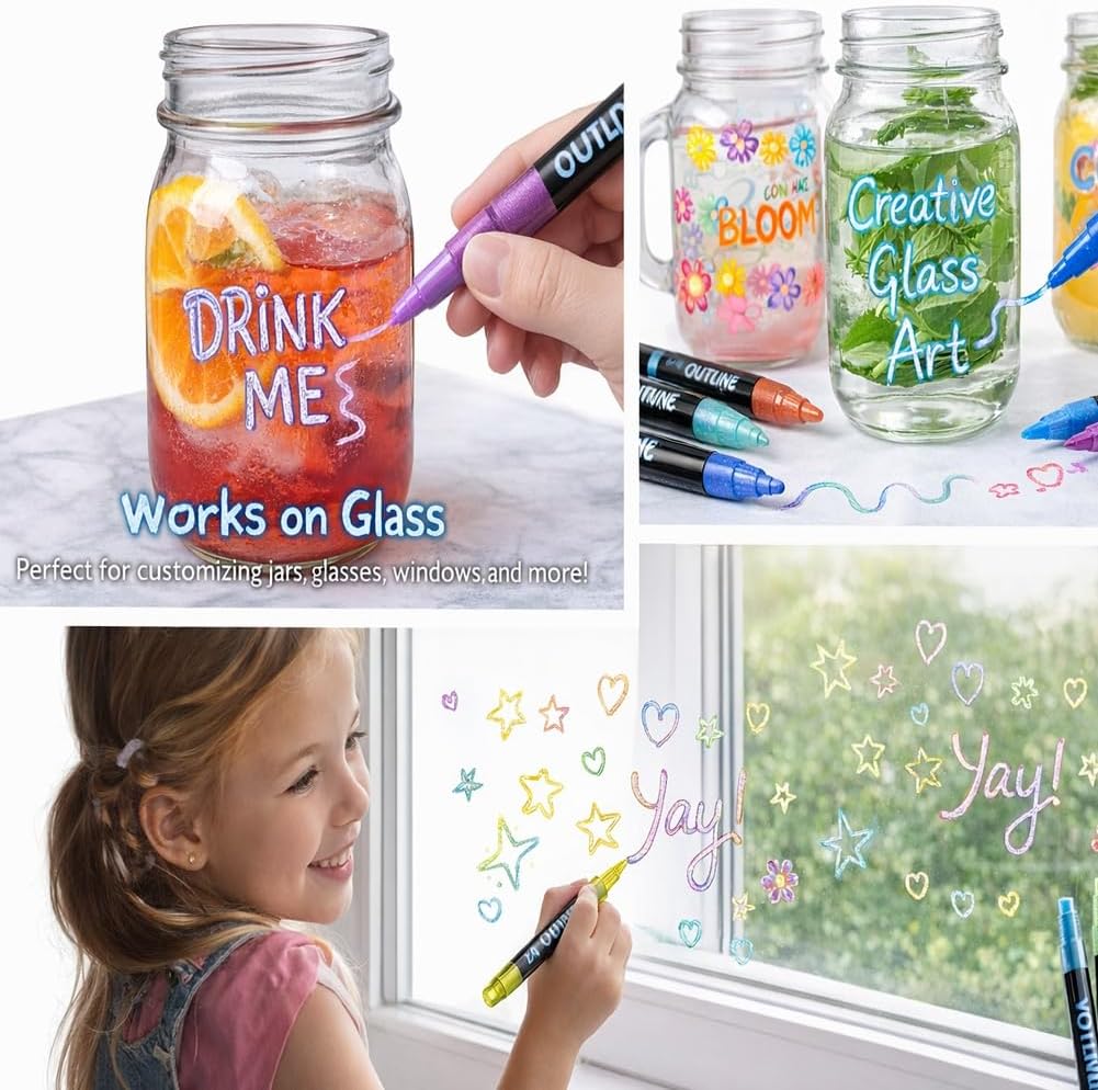 12/24/36/48 Colors Dreamy Sparkle Dual-Line Contour Pen, Quick-drying Self Outlining Glitter Markers, Double Line Outline Marker for Glass, Birthday Greeting Card, Doodling, DIY Art Crafts (48 Colors)