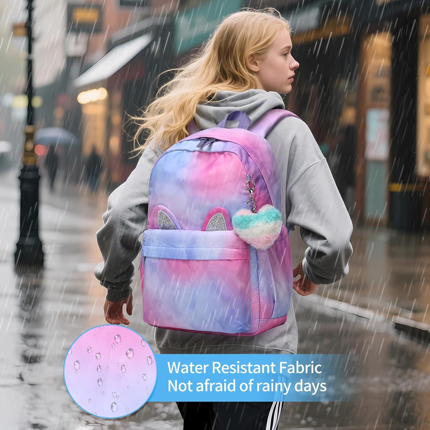 30L Waterproof Large Capacity School Backpack for 6-18 Years Girls & Boys,Lightweight Durable Travel Bookbag with Cat Ear & Heart Keychain,Teens College Daily Use Kids Backpack(Purple) - Image 6