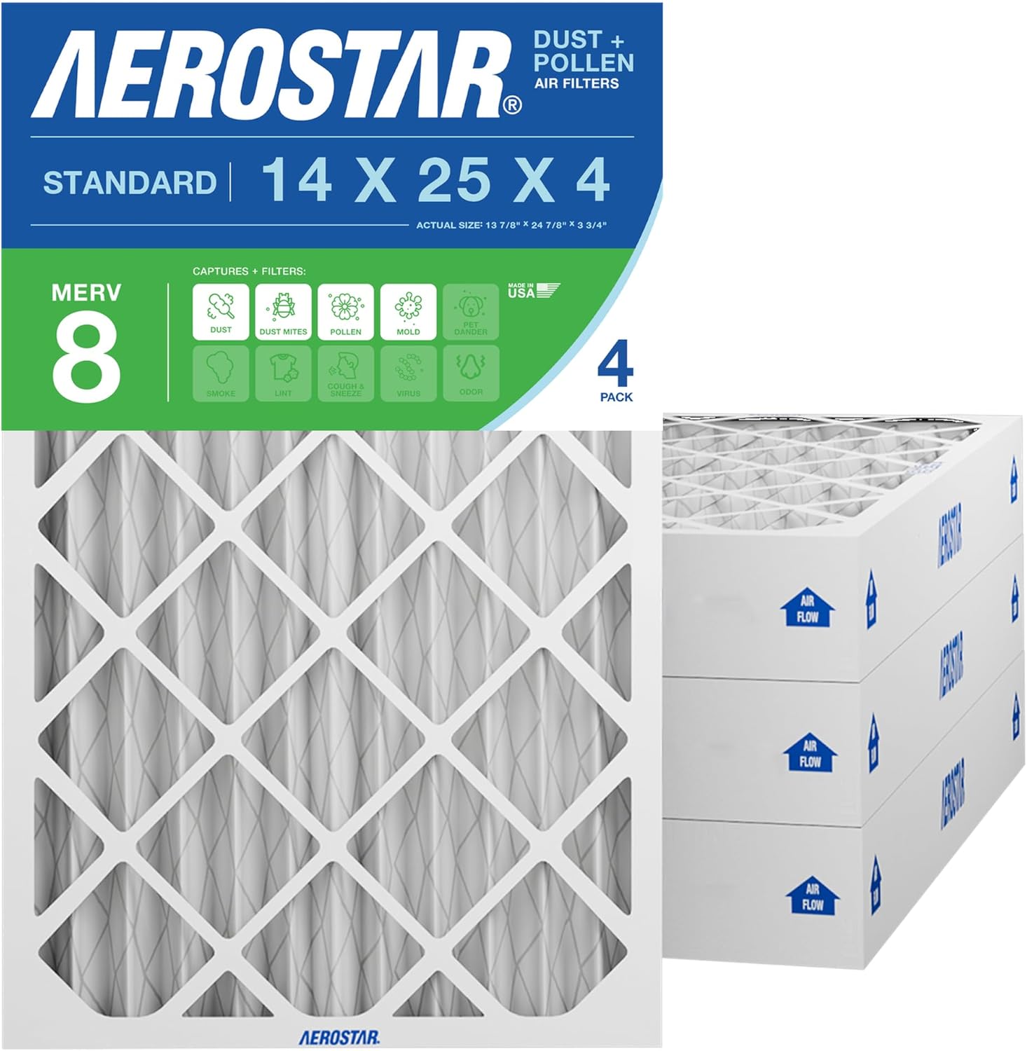 Aerostar 14x25x4 MERV 8 Pleated Air Filter, Dust and Pollen Control (4 Pack), Actual Size: 13.88x24.88x3.75