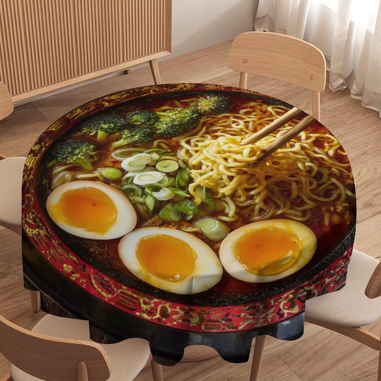 LUYYSKY Beautiful Retro Ramen Noodle Round Tablecloth Colorful Abstract Japanese Food Ramen Theme Washable Decor for Table Cover for Kitchen-91.4" Wx91.4 L cm