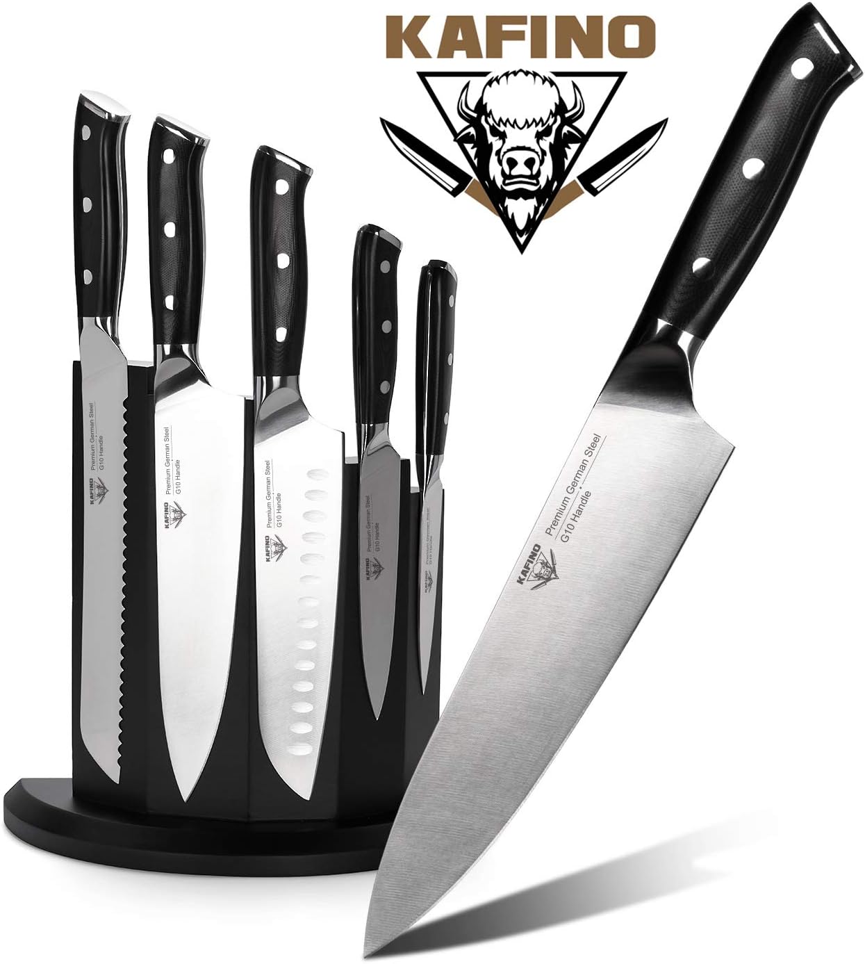 Knife Set Block - 5-Piece Kitchen Knife Set with Block - Chefs knife German Stainless Steel with G10 Handles - wood magnetic knife holder.