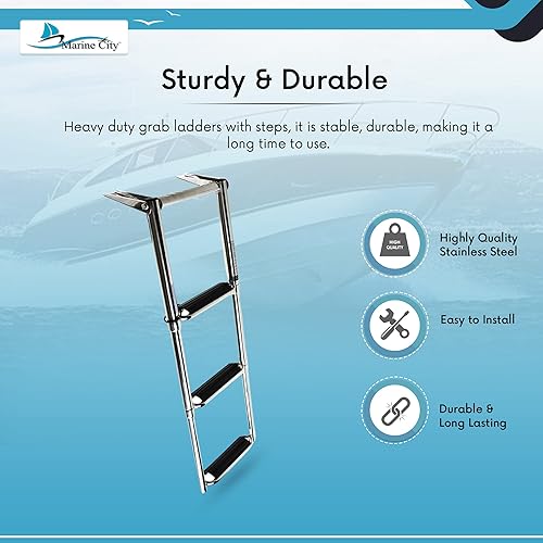 Miniatura 4 de MARINE CITY Escalera telescópica de 3 escalones de acero inoxidable de grado marino de grado 304 con escalones curvados extra anchos y tablón de