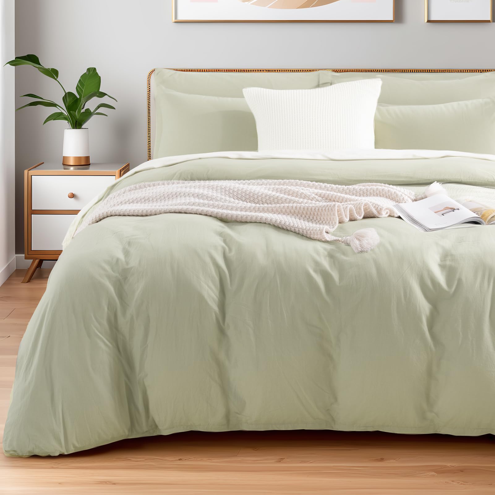 NEXHOME PRO Duvet Cover Set Super Queen 92"x98" Linen Feel Textured Organic Natural 100% Washed Cotton Duvet Cover 3 Pieces Bedding Set Zipper Closure, Breathable, Mint Green (No Comforter)