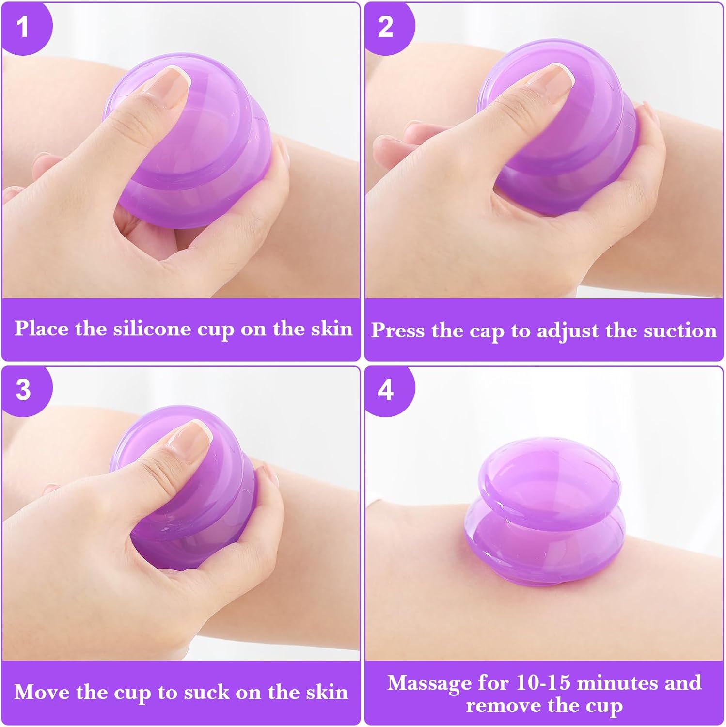 Geiserailie 16 Pcs 4 Sizes Cupping Therapy Set Silicone Cupping Massage Cups Professional Chinese Therapy Cup Vacuum for Body Muscle Nerve(Purple) - Image 3
