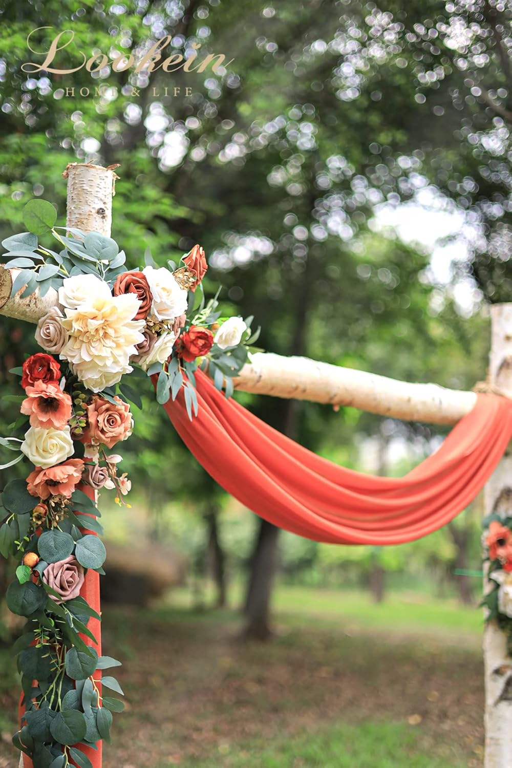 Lookein Artificial Flowers Wedding Arch Decoration Kit (Pack of 3) - 2pcs Terracotta Aobor Flower Arrangement & 1pc Chiffon Drape for Wedding Ceremony Backdrop Decoration, Chic Terracotta
