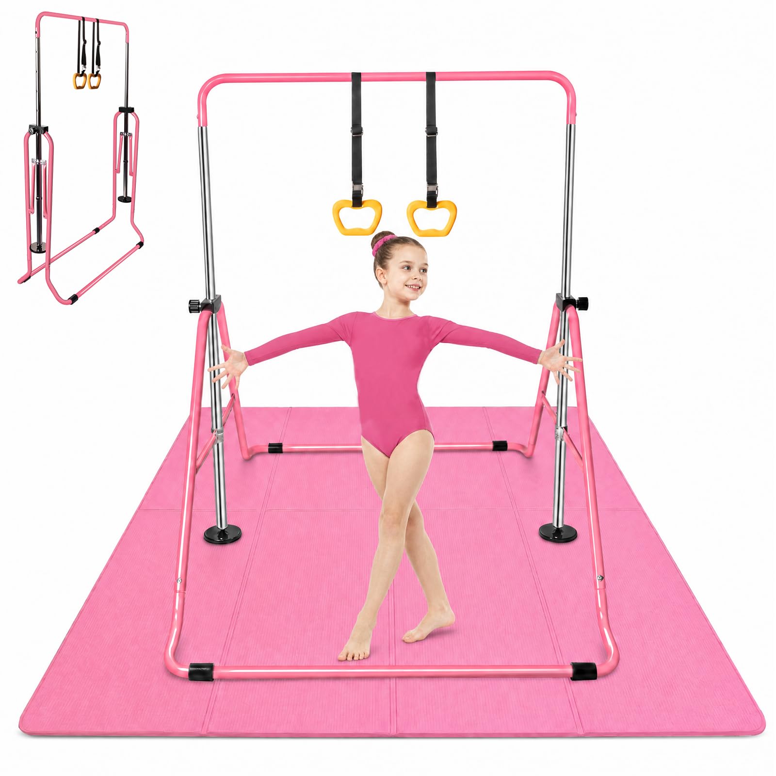Hyner Folding Gymnastics Bar for Kids, Adjustable Horizontal Bar with Mat