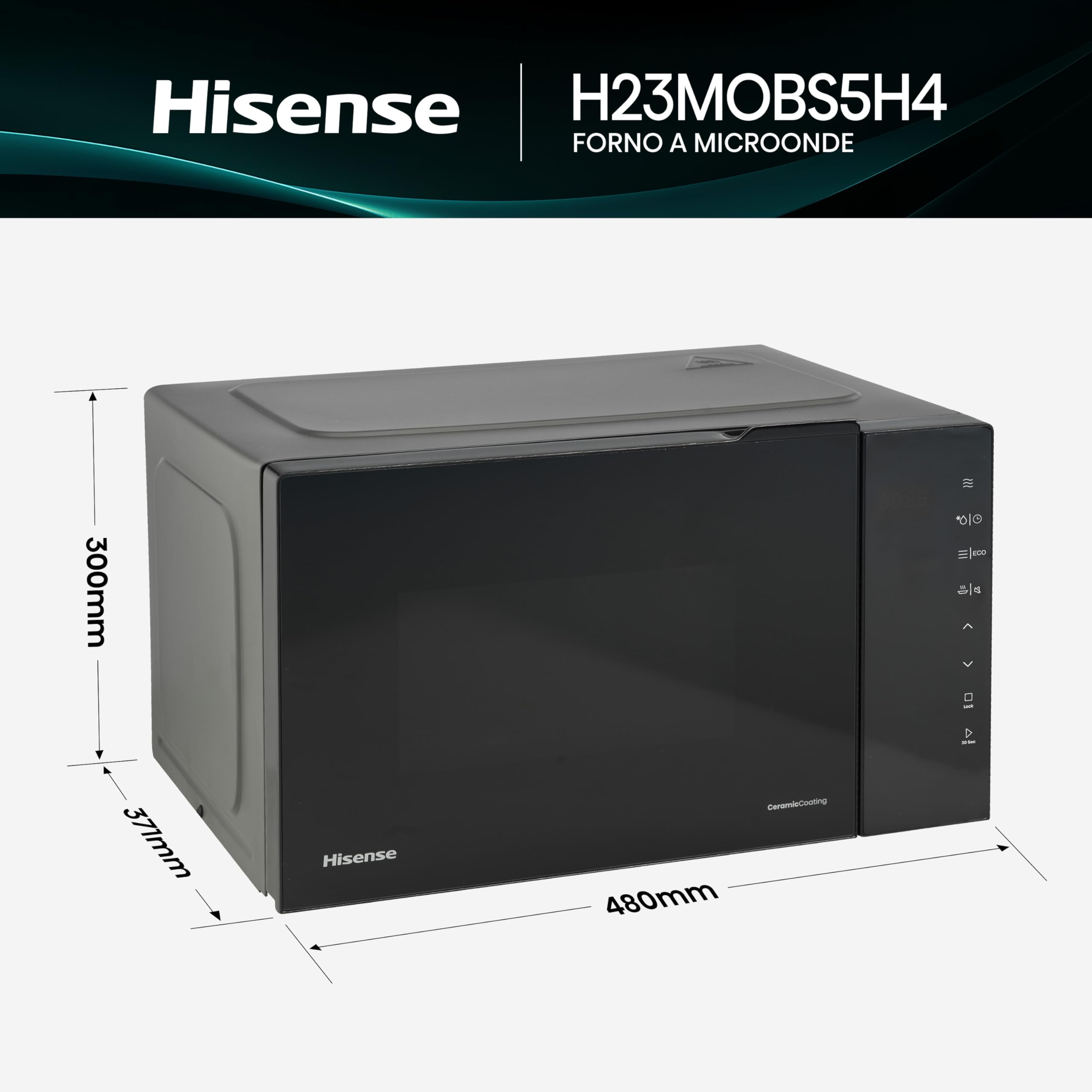 Hisense Microonde H23MOBS5H4, cavità 23L, apertura porta a sinistra, display LED touch, 8 funzioni, 800W