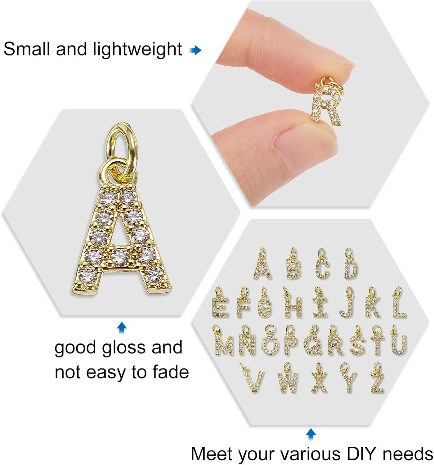 uxcell Rhinestone Letter Charm, 10pcs Cubic Zirconia Copper Alphabet A Pendants Slider Letter Charm for Wristbands Bracelets Necklace Jewelry Earring DIY Craft, Gold - Image 3