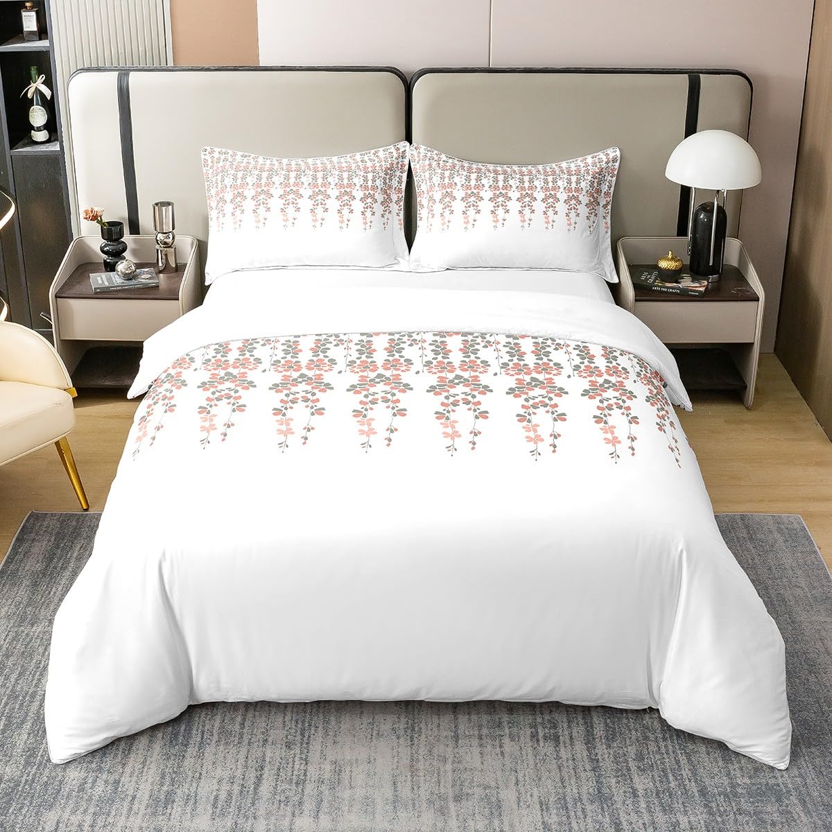 Floral 100% Cotton Duvet Cover Set Super King Size for Kids Boys Girls Red and Gray Flower Bedding Set Blossom Flower Vine Comforter Cover Set Bedroom Nature Garden Botanical Decor Bedspread Cover