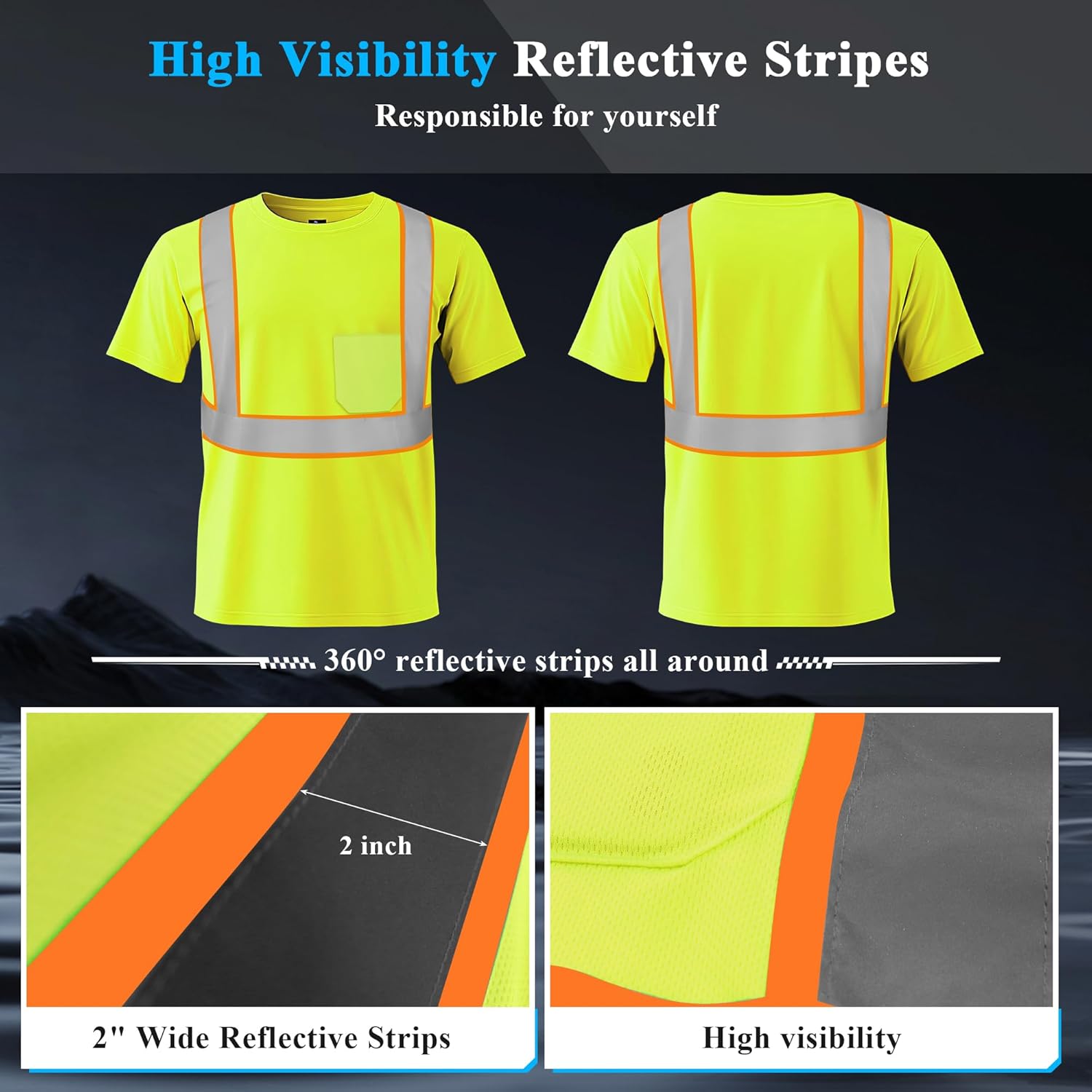 W&H Hi Vis Class 2 Safety Short Sleeve Shirt, Reflective Birdeye Mesh Work Shirts, Breathable Quick Dry Construction Workwear - Image 6
