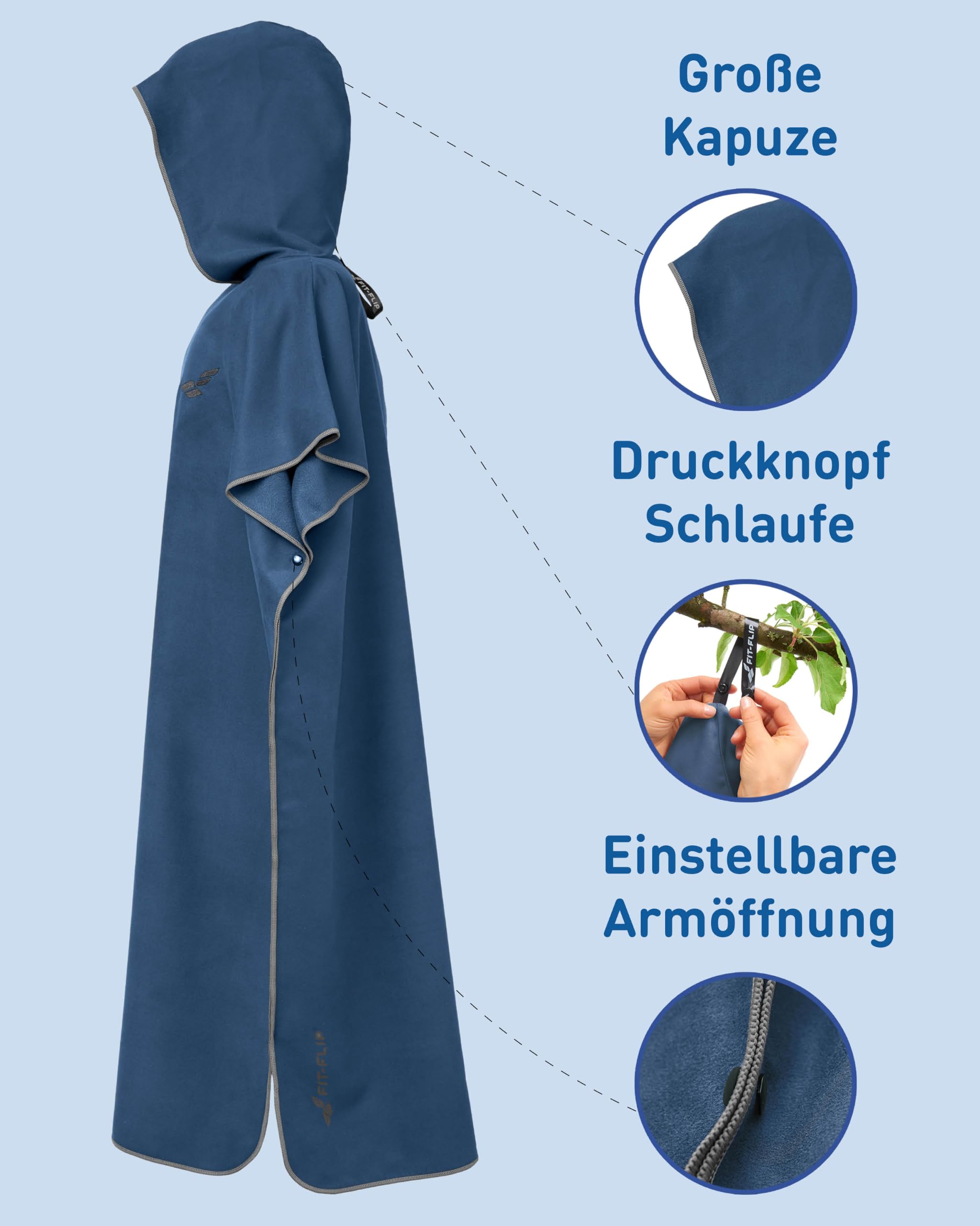 Fit-Flip Badeponcho aus Mikrofaser für Damen und Herren - schnelltrocknend, kompakt und Ultraleicht - Strandponcho für Erwachsene mit Kapuze