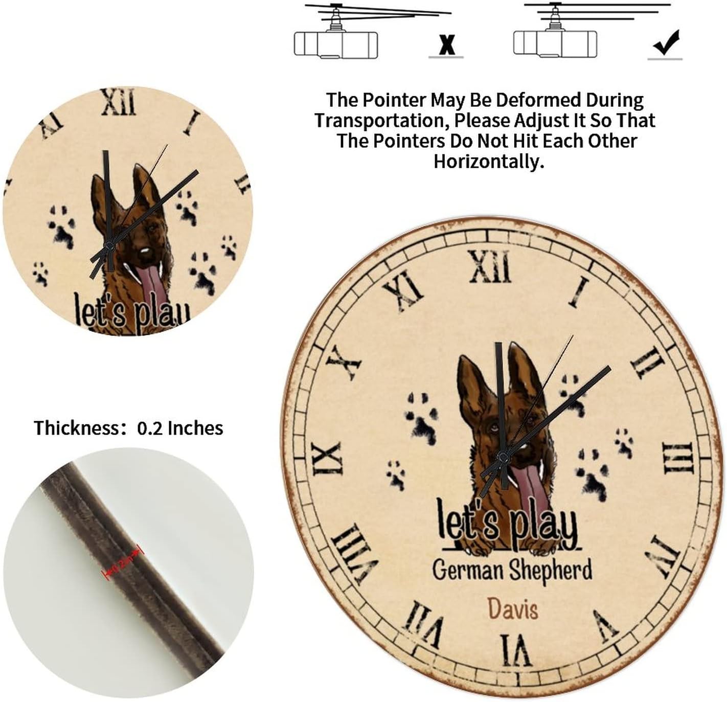 Let's Play German Shepherd Wall Clock 10in Roman Numerals Wooden Clock Whisper Quiet Battery Operated Country Style Weddings Gift Popular Wall Decor for Sewing Room Classroom Farmhouse image 3