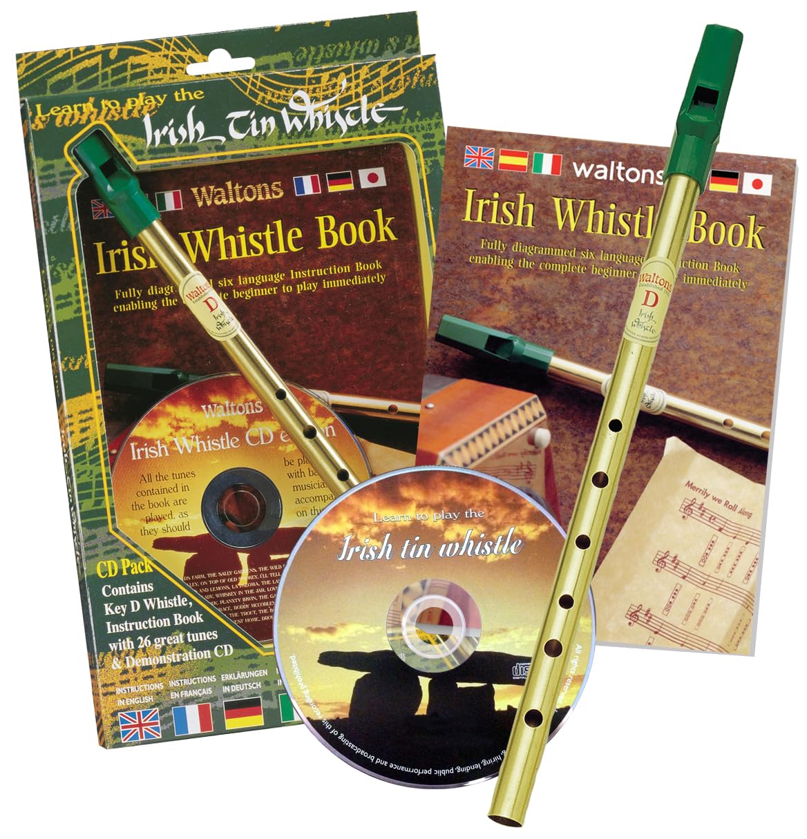 Waltons 1514 Tin Whistle, Brass, D Tube, 6 Languages Instruction Manual (English Language Not Guaranteed) / Instruction Manual Demo CD Included